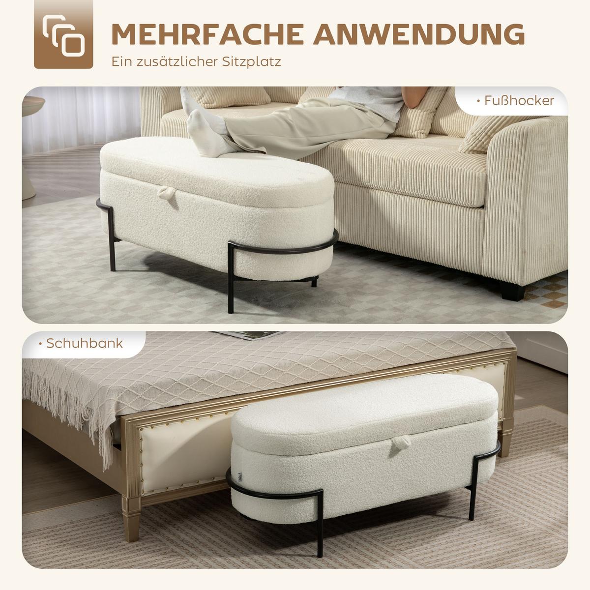 TRUHENBANK Fleece-Optik Creme - Creme/Schwarz, Textil (40/48/114.5cm) - HOMCOM