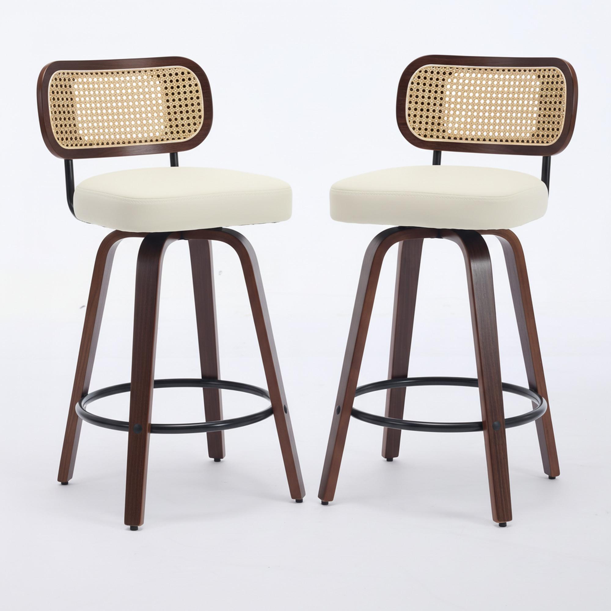 BARHOCKER SET 2 STK. 90 cm Walnuss & Beige Drehbare Rattan Barstühle mit Polstersitz - Beige, Leder (56/90/43cm) - Urban Meuble