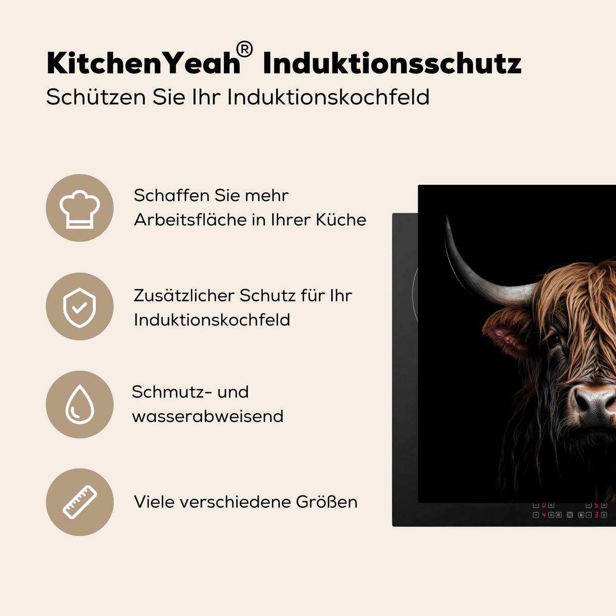 HERDABDECKPLATTE Schottischer Highlander - Porträt - Schwarz - Tier Abdeckung Ceranfeld 57.6x51.6 cm - Braun, Kunststoff (57.6/51.6/0.2cm) - MuchoWow