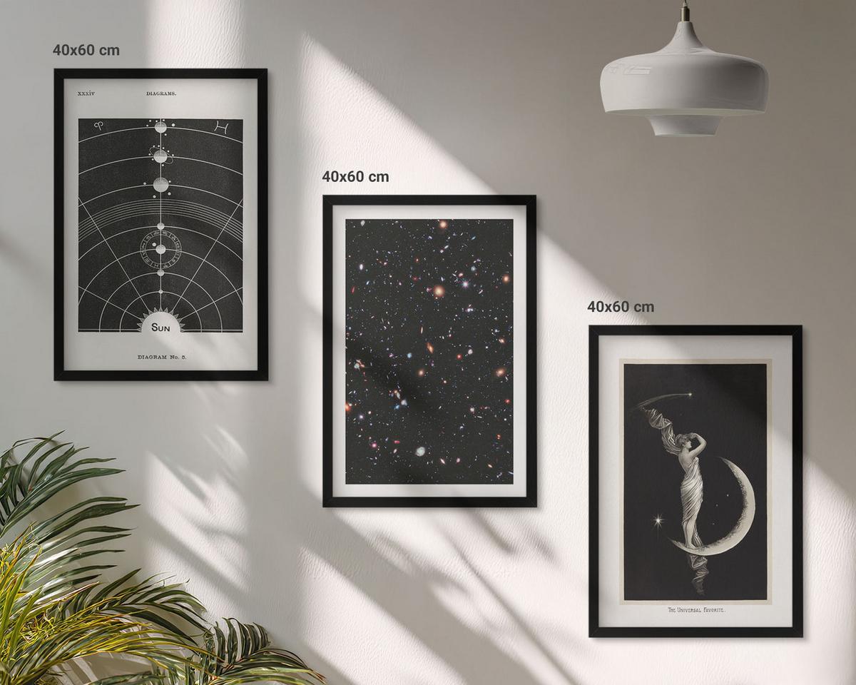 BILDER SET 3er Set - 40x60 cm Schwarzer Rahmen - Nachtdarstellung des Sonnensystems - Schwarz, Kunststoff (40/60cm) - TULUP