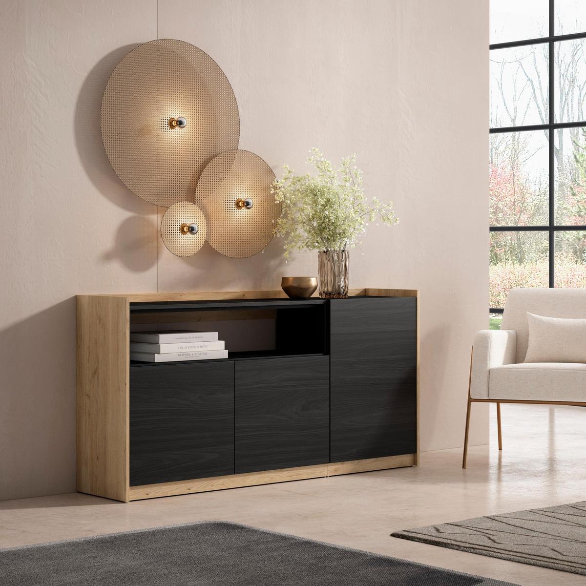 SIDEBOARD, Highboard, Schwarz Eiche, 156/37/80cm - Schwarz, Holzwerkstoff (156/80/37cm) - Skraut Home