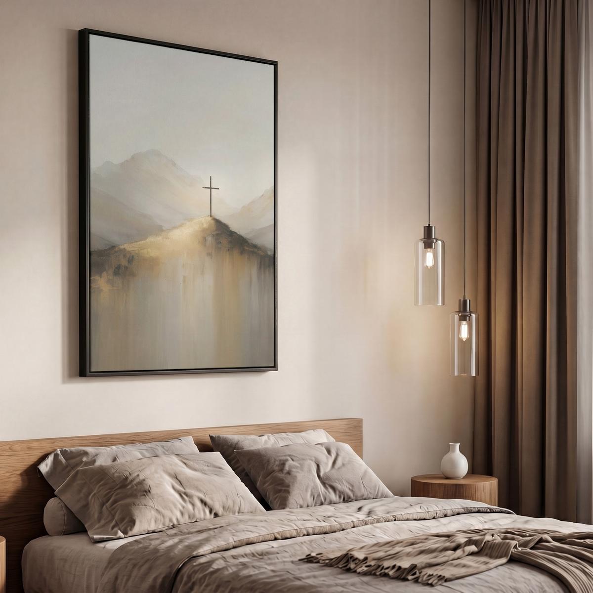 LEINWAND Bilder mit Rahmen - Hügel - Abstrakt - Kreuz - Christentum - 60x90 - Beige, Textil (60/90cm) - MuchoWow