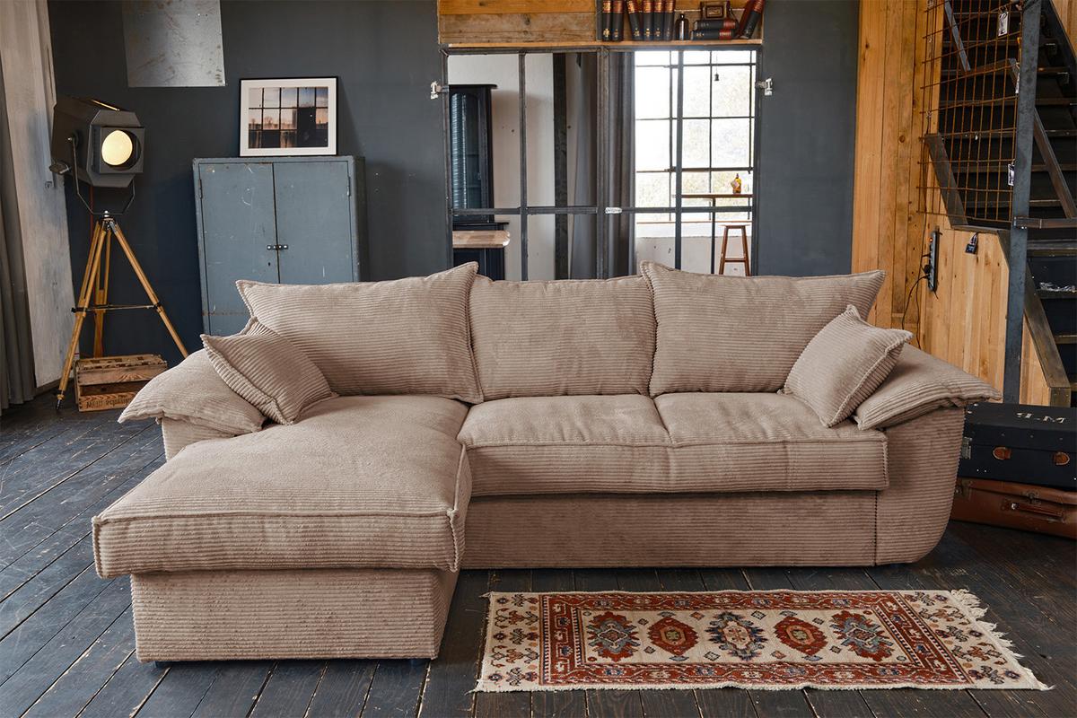 ECKSOFA DAMETO Braun Cord Mit Schlaffunktion - Schwarz/Braun, Kunststoff/Textil (266/174cm) - KAWOLA