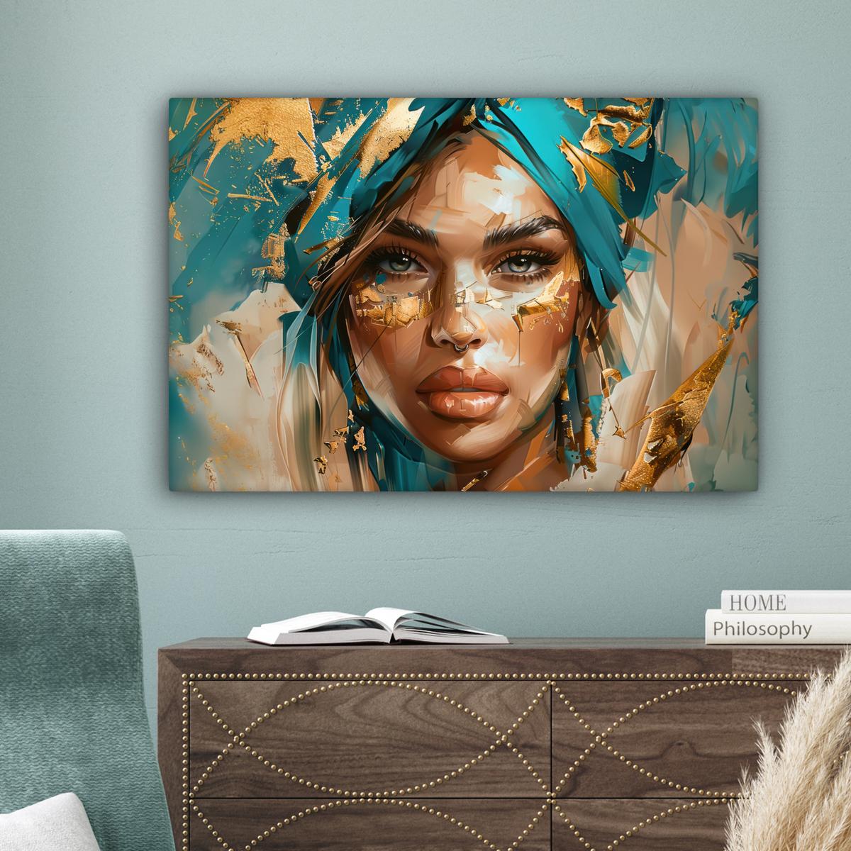 LEINWANDBILD Frau - Porträt - Gold - Luxus - Blau Wanddeko 90x60 cm - Türkis, Textil (90/60cm) - MuchoWow