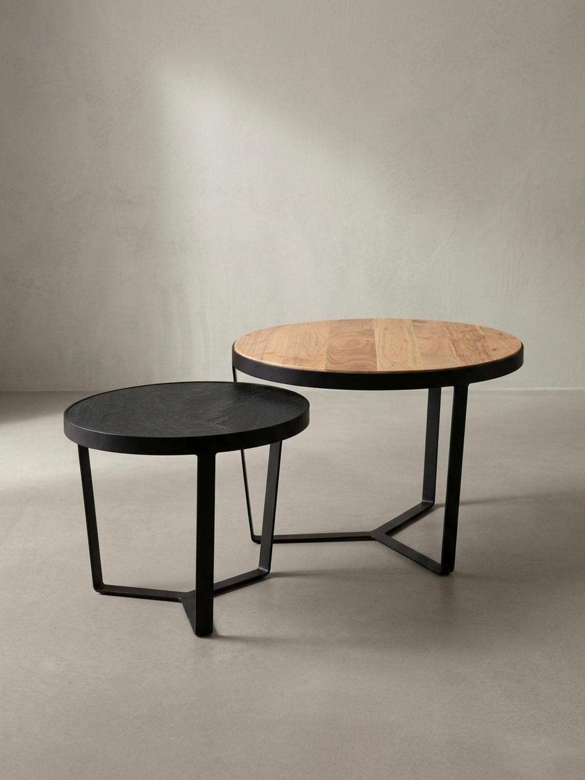 COUCHTISCH Set rund – Akazie Massivholz, Steinoptik, Metallgestell, Braun-Anthrazit - Schwarz, Holz/Metall (60/60/40cm) - KADIMA DESIGN