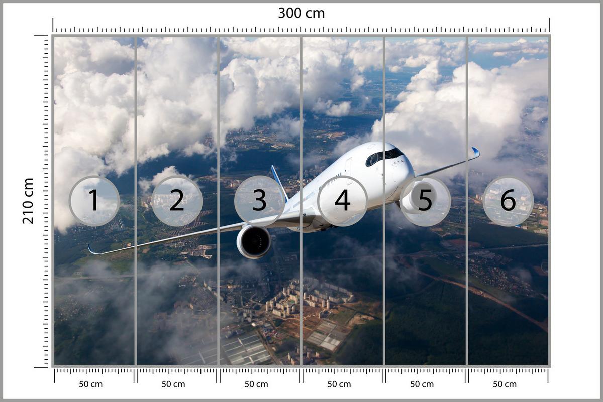 FOTOTAPETE für Jugendzimmer Flugzeug Start Wolken Himmel 300x210 - Blau/Beige, Papier (300/210cm) - Muralo