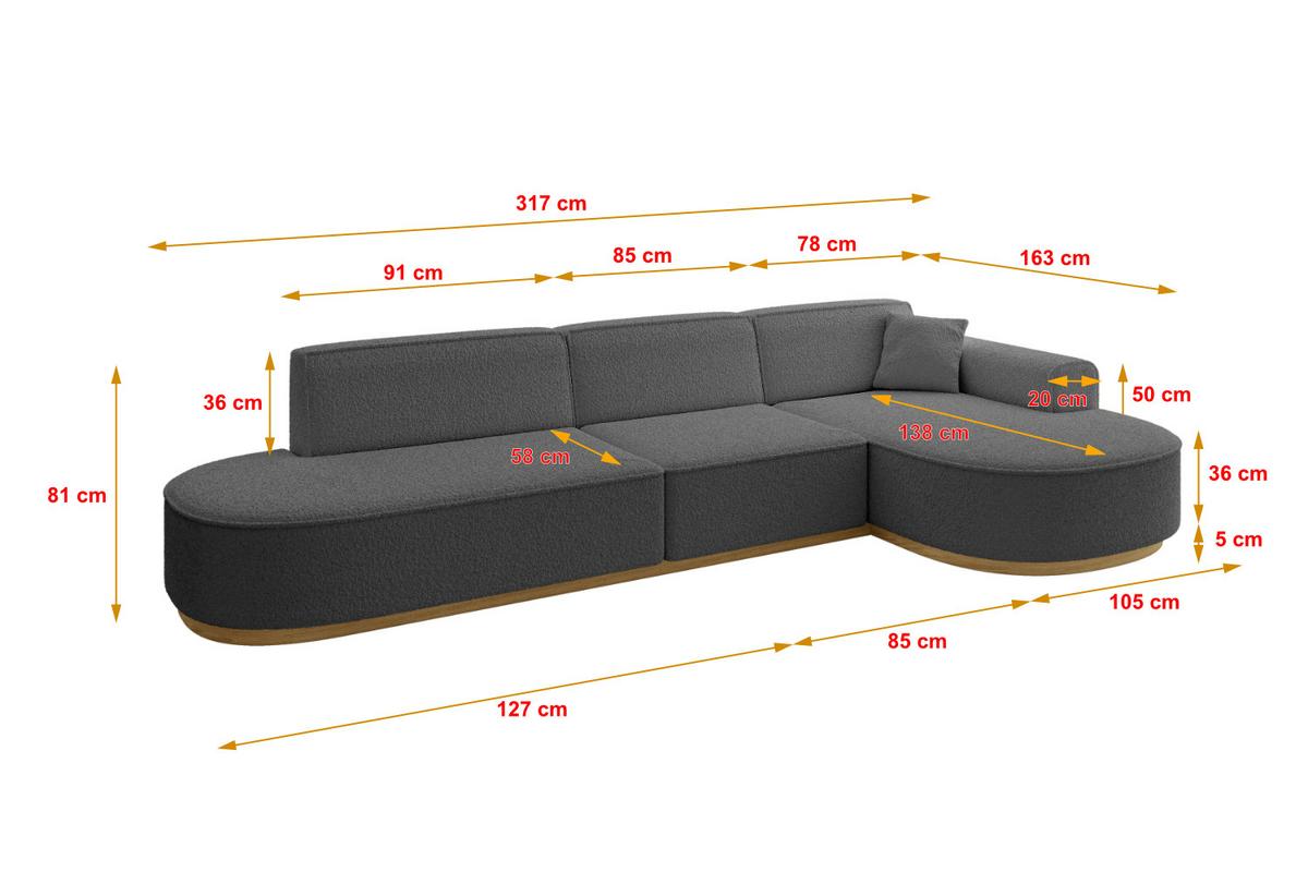 ECKSOFA Ottomane Rechts MARI-L2-v2 - 328x171x83 cm Grau Bouclé - Grau, Holzwerkstoff/Textil (171/328cm) - ALTDECOR