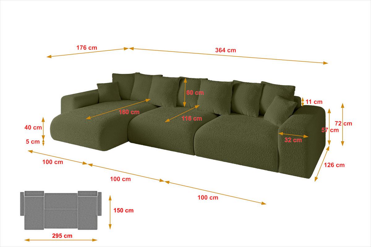 ECKSOFA Ottomane links ESKAR-L2 364x176x72 Olivgrün Bouclé - Schwarz/Olivgrün, Holzwerkstoff/Kunststoff (364/176cm) - ALTDECOR