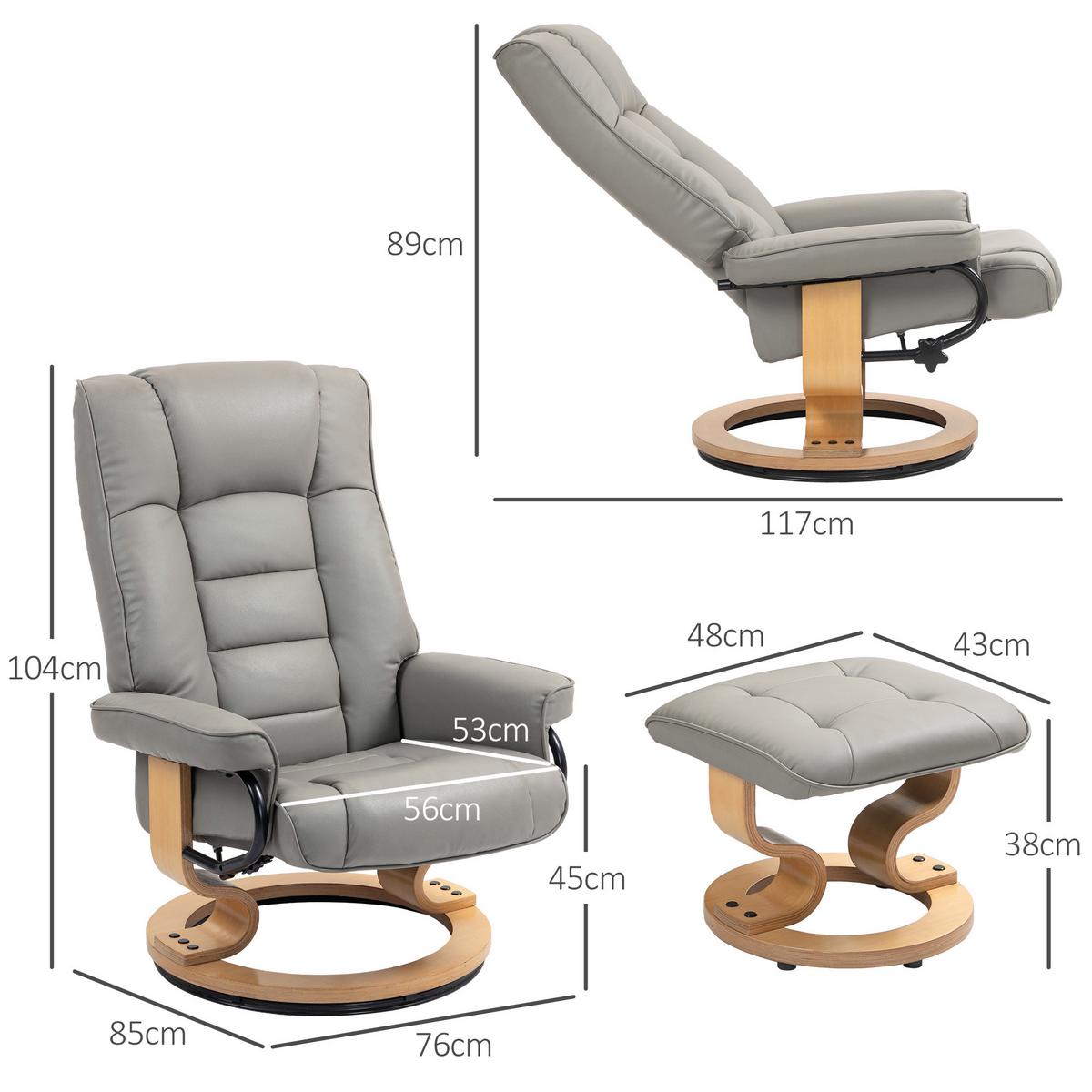 RELAXSESSEL mit Hocker, Drehbar Fernsehsessel mit Liegefunktion Kunstleder, Grau - Grau, Leder (85/104/76cm) - HOMCOM