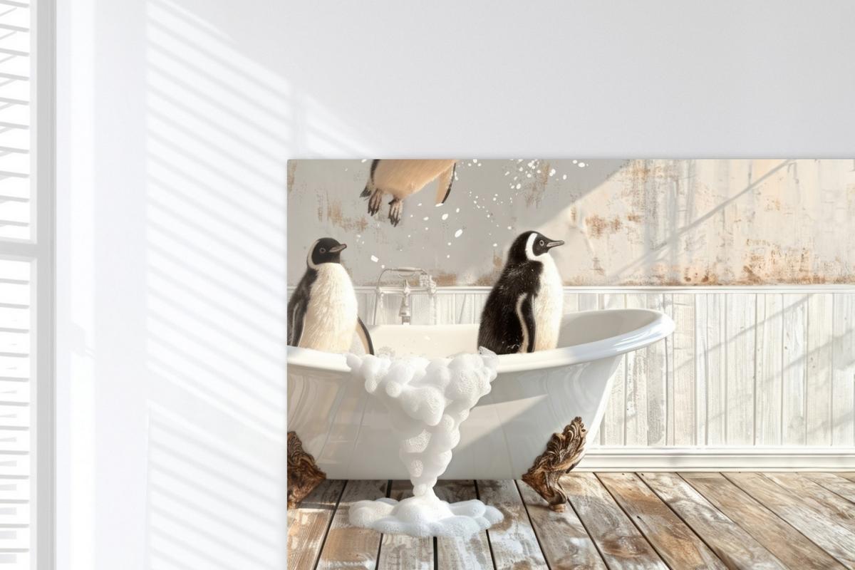 LEINWANDBILD Vintage - Pinguin - Badewanne - Schaumstoff Wohnzimmer Groß 120x80 cm - Schwarz, Textil (120/80cm) - MuchoWow