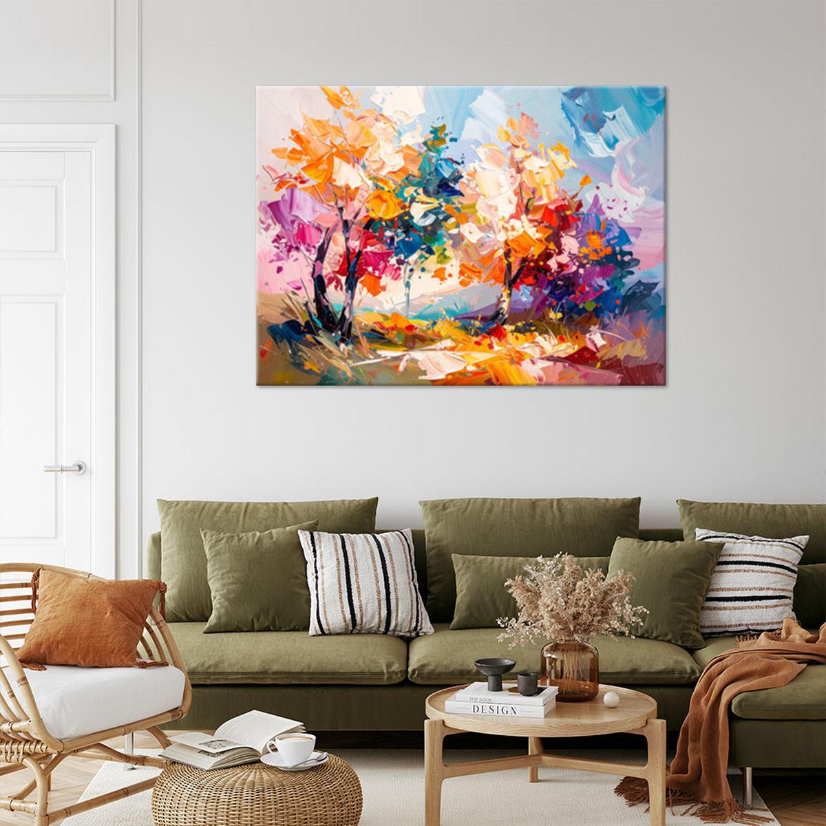 LEINWANDBILD Bunte Landschaft Bäume Wald Ölfarbe-Imitation 100x70cm - Multicolor, Textil (100/70cm) - Feeby