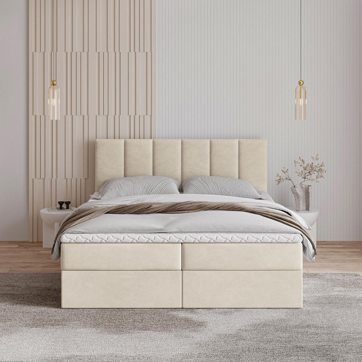 BOXBETT MERIL 160x200 cm mit Matratze und Topper - Beige - Beige, Holz (160/200cm) - MASSENO