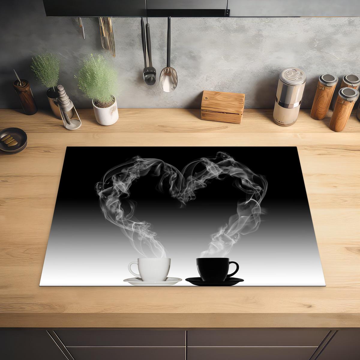 HERDABDECKPLATTE Kaffee - Herz - Schwarz und weiß - Tassen Herdabdeckung Induktionsfeld 75x52 cm - Weiß, Kunststoff (75/52/0.2cm) - MuchoWow