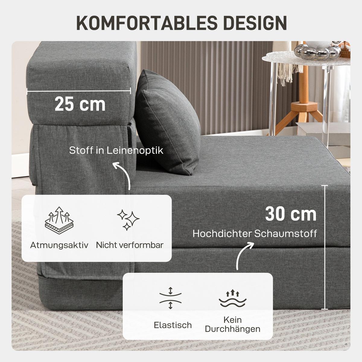 3 in 1 Schlafsessel, klappbares Schlafsofa mit Bettfunktion, Lendenkissen, Grau - Grau, Textil (80/15/210cm) - HOMCOM