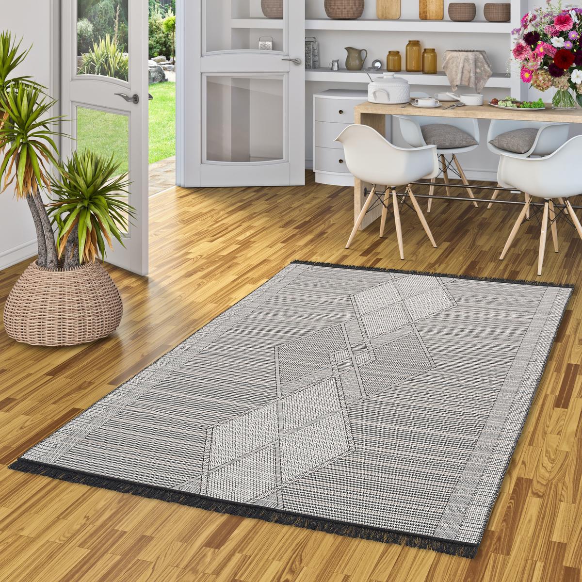 TEPPICH BEIDSEITIG ETHNO KELIM MELIERT - Schwarz/Weiß, Textil (200/290cm) - Pergamon