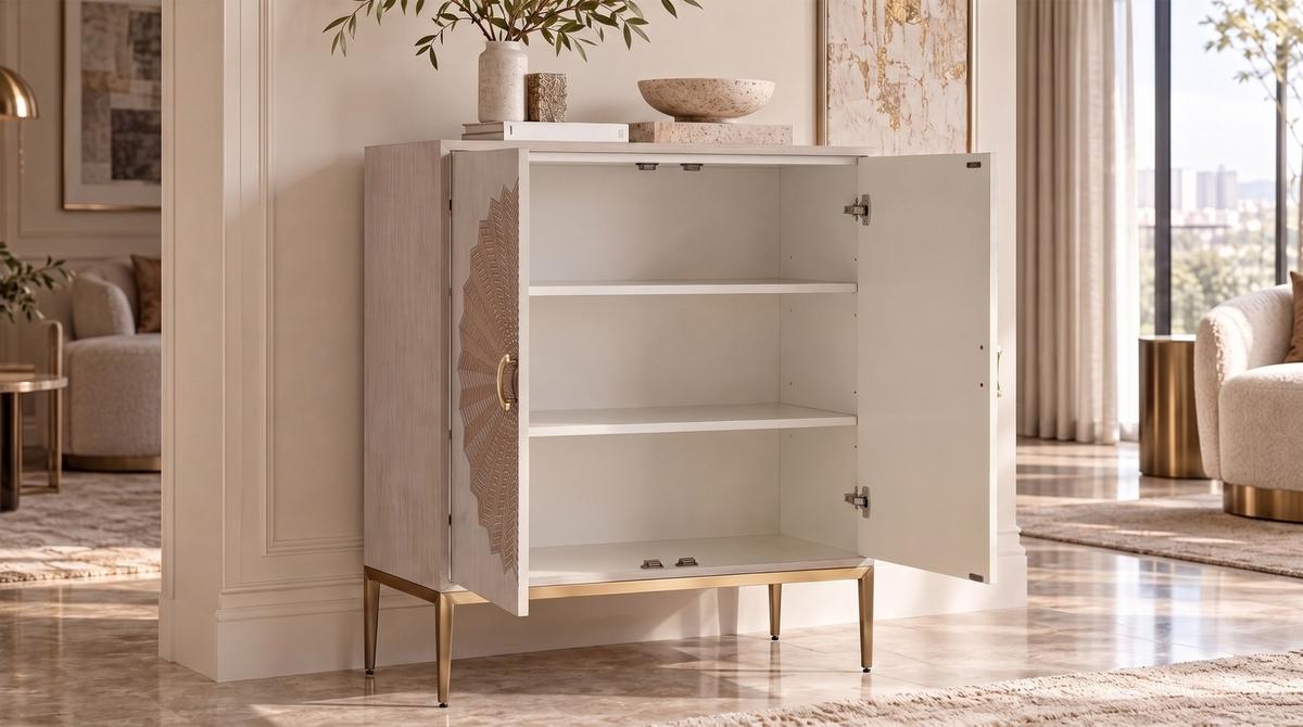 HIGHBOARD LUCIA Weiß Eiche - Goldfarben/Weiß, Holz/Metall (90/116/40cm) - KAWOLA