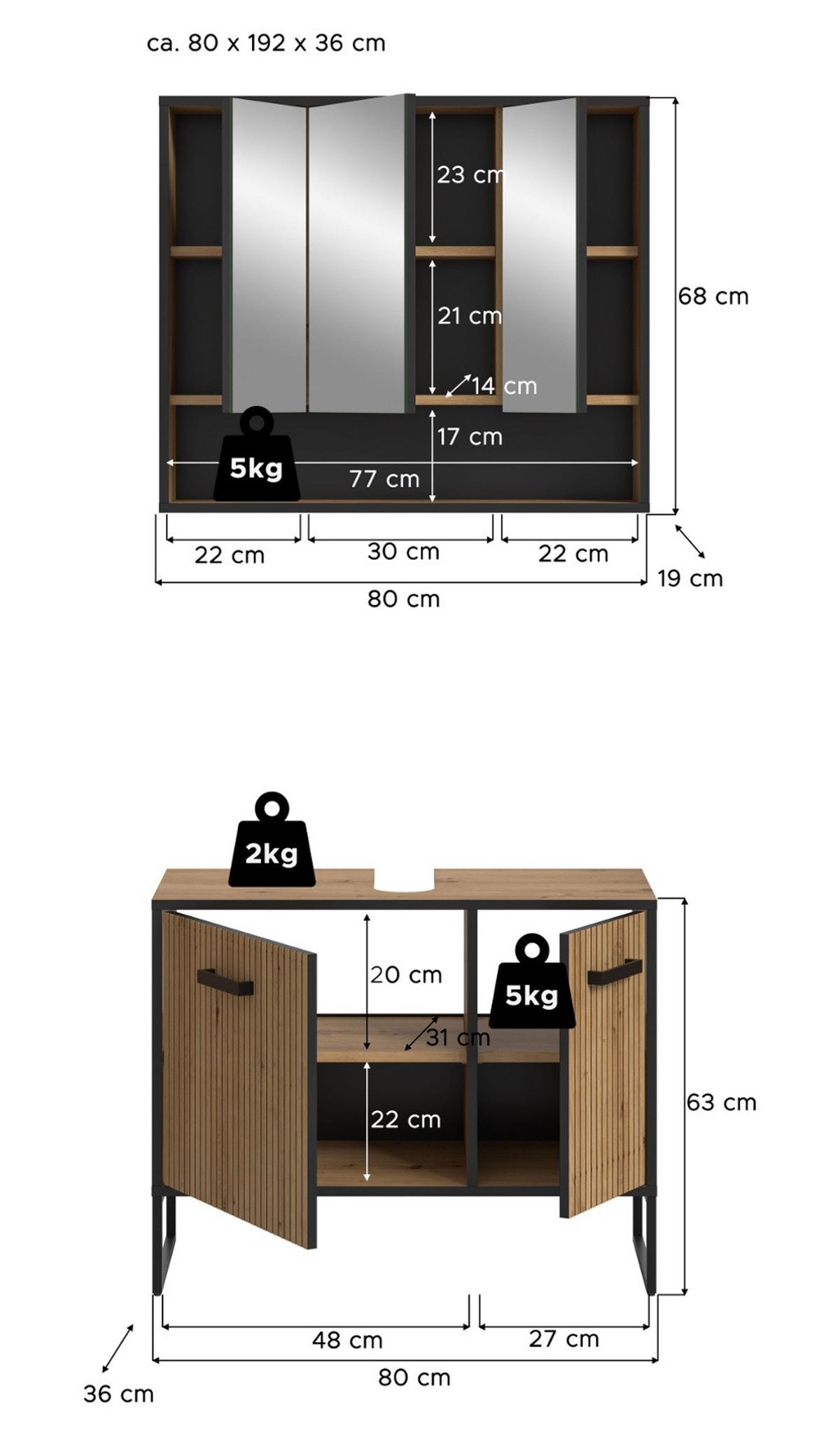 BADMÖBEL-SET 2-teilig Eiche Artisan, schwarz 80 cm, Badkombination mit Soft-Close - Schwarz/Eiche Artisan, Glas/Holzwerkstoff (80/192/36cm) - Inn.Furn