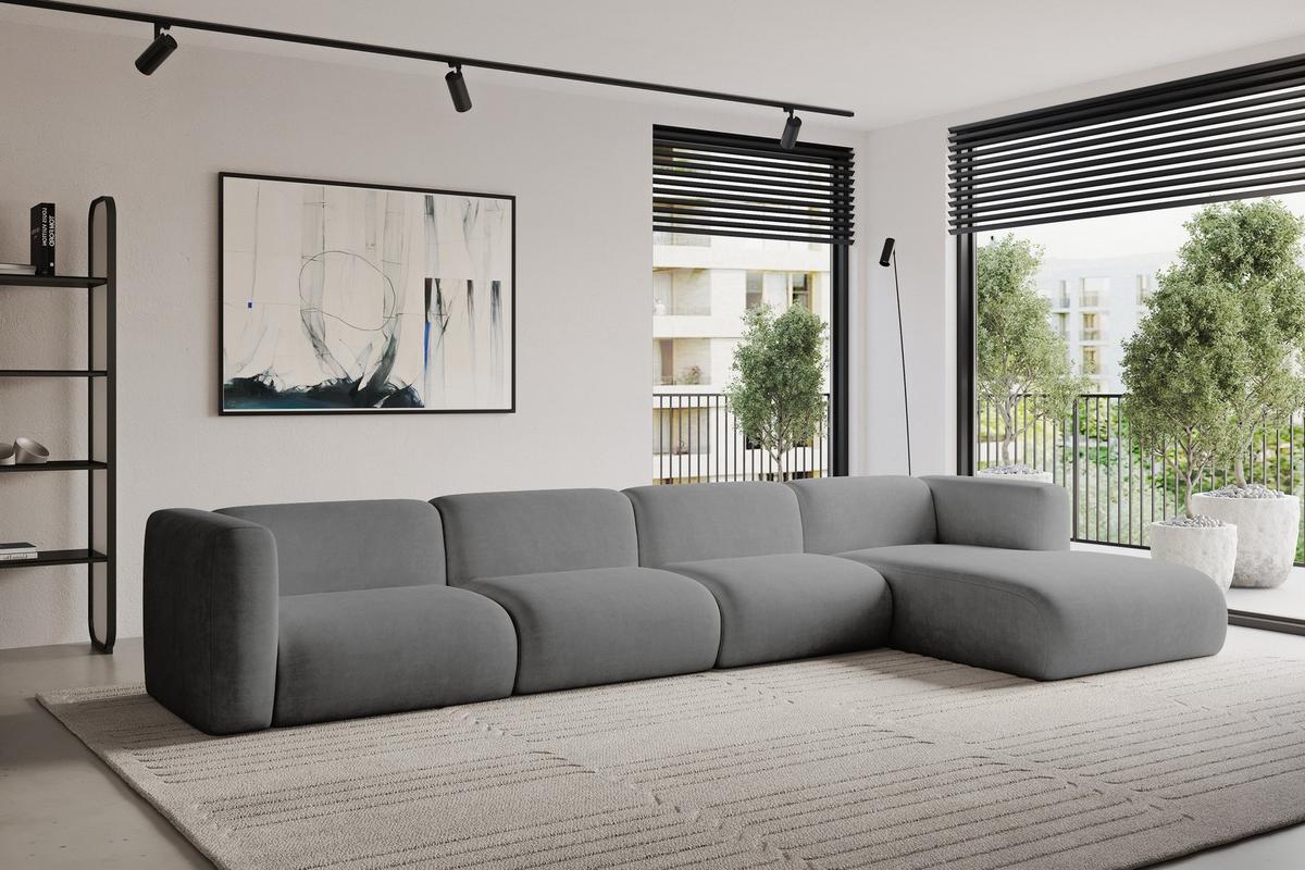 ECKSOFA Ottomane Rechts MIRA-L3 409x179x70 Grau Velours - Schieferfarben/Schwarz, Holzwerkstoff/Kunststoff (409/179cm) - ALTDECOR