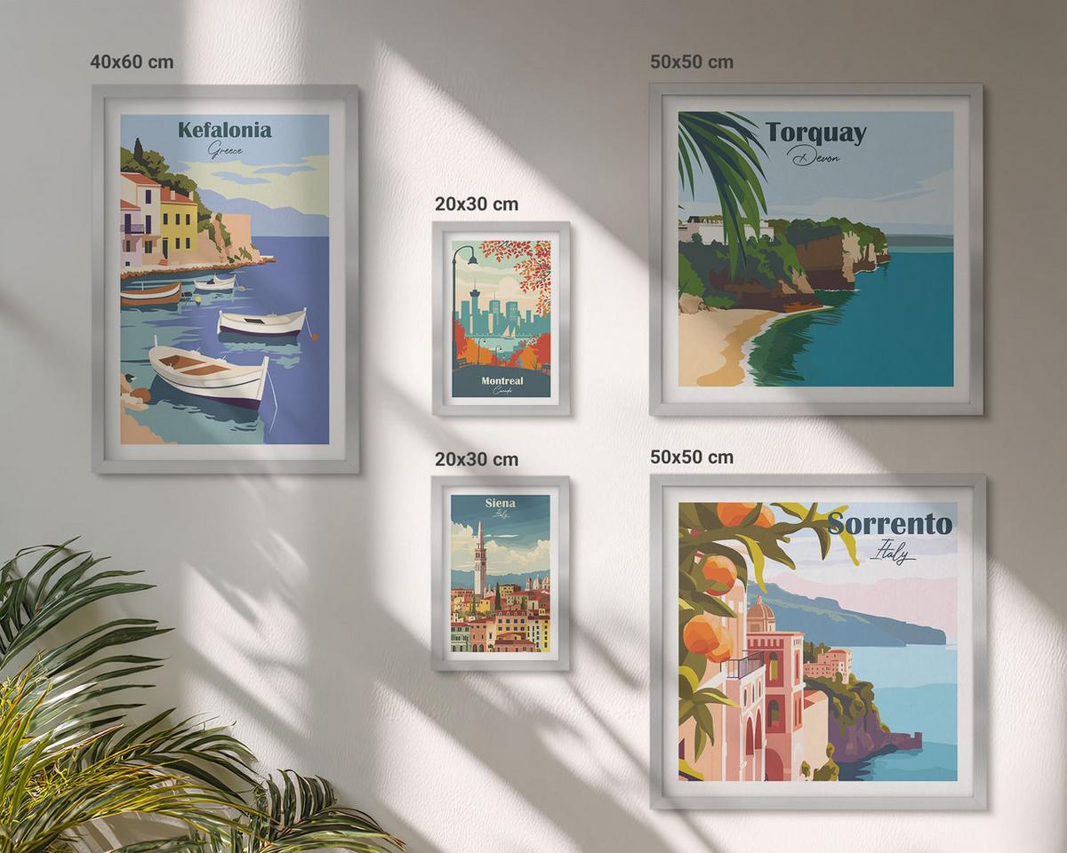 BILDER SET 5er Set - 50x50 cm & 20x30 cm & 40x60 cm Silberner Rahmen - Retro-Illustrationen berühmter Orte - Silberfarben, Kunststoff (40/60cm) - TULUP
