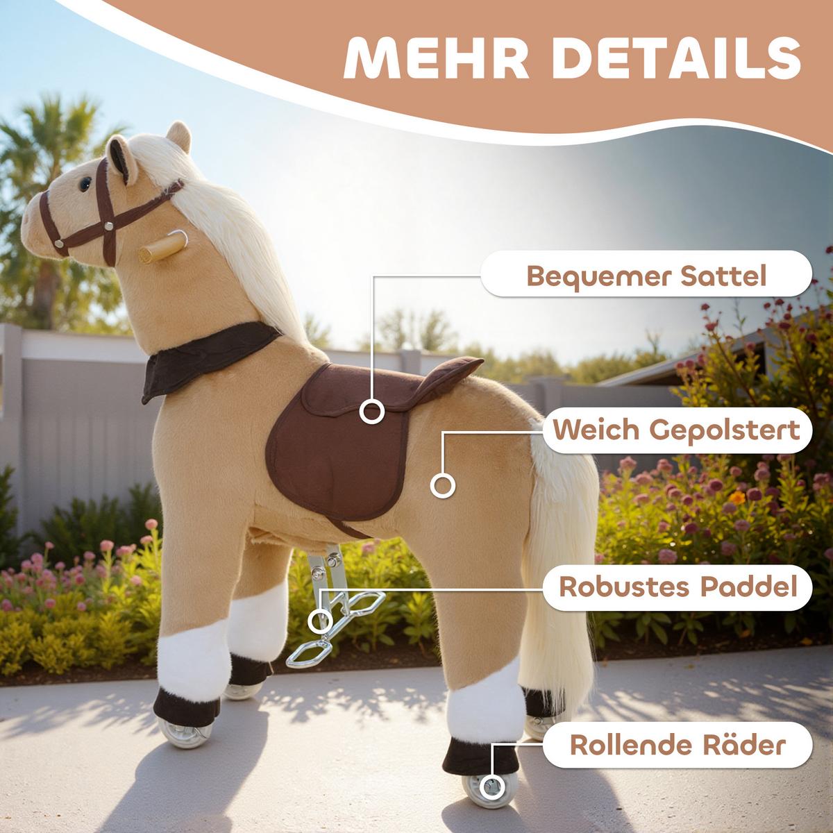 REITPFERD Spielpferd zum Reiten mit Sattel Rollen 80 cm Stehpferd Braun - Braun, Textil (28/80/72cm) - AIYAPLAY