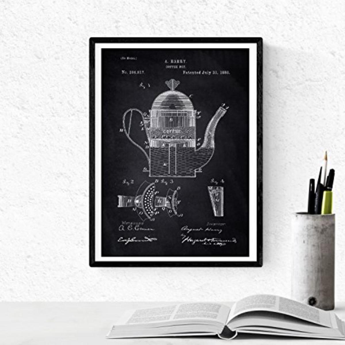 POSTER Set mit 4 Schwarz cafeteras Patenten A4 Schwarzer Rahmen - Schwarz, Papier (29.7/3cm) - Nacnic