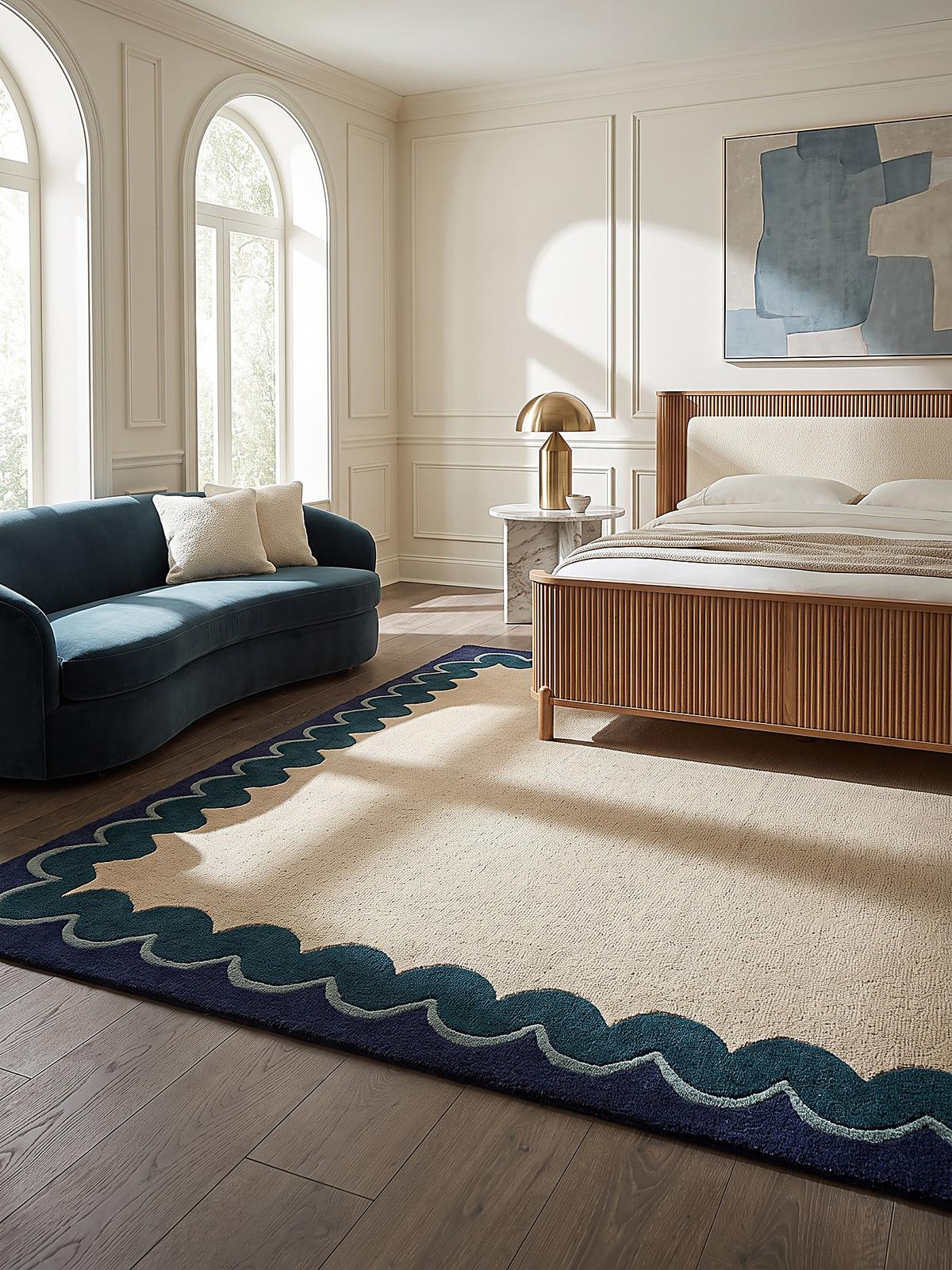 WOLLTEPPICH handgetuftet WAVENEY, Zickzack-Wellenbordüre, Petrol, 140 x 200 cm - Türkis, Textil (140/200cm) - KADIMA DESIGN