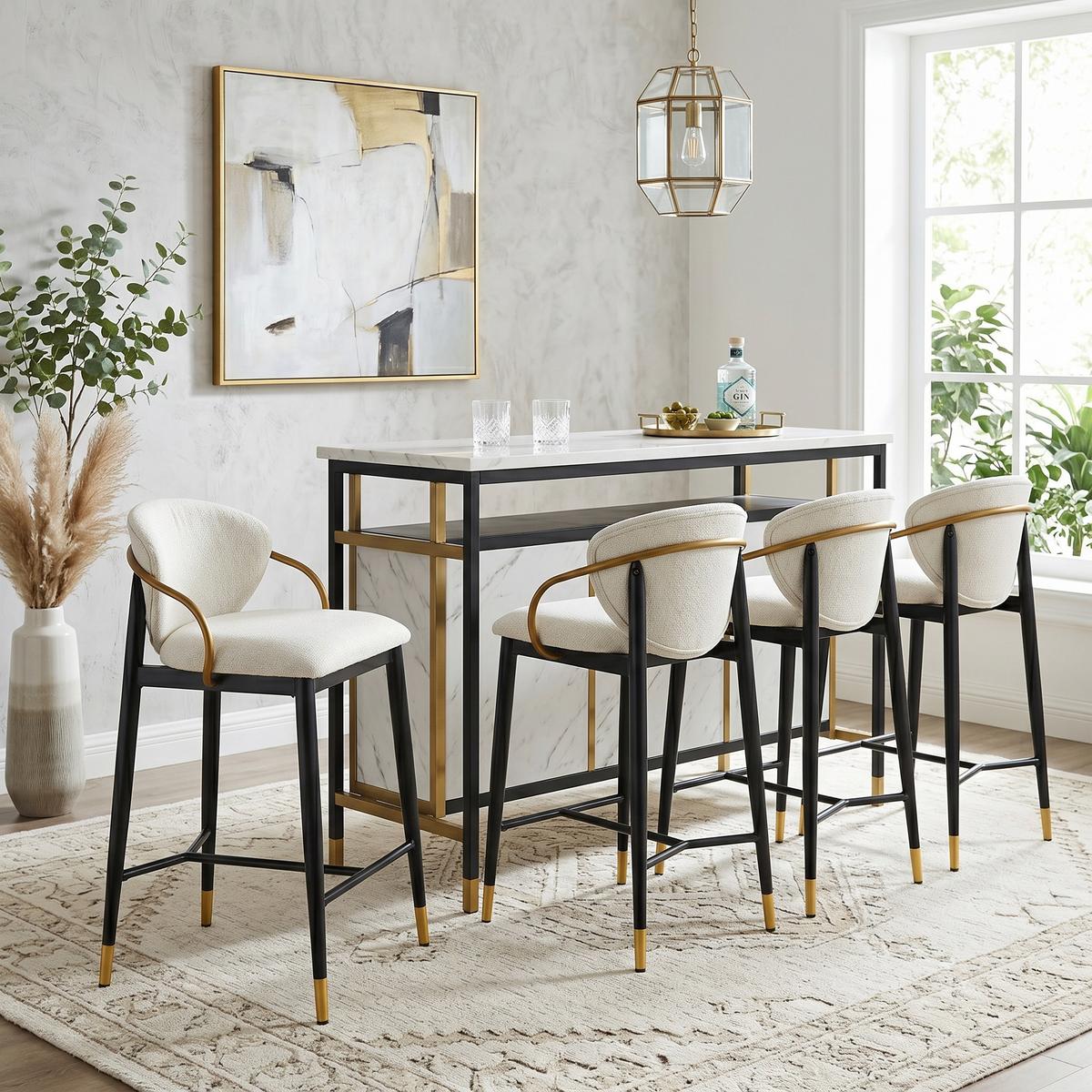 BARHOCKER 2ER-SET aus Chenille in Beige, Schwarz und Gold, mit Rückenlehne und Höhenausgleich - Beige, Textil (52/87/57cm) - Urban Meuble