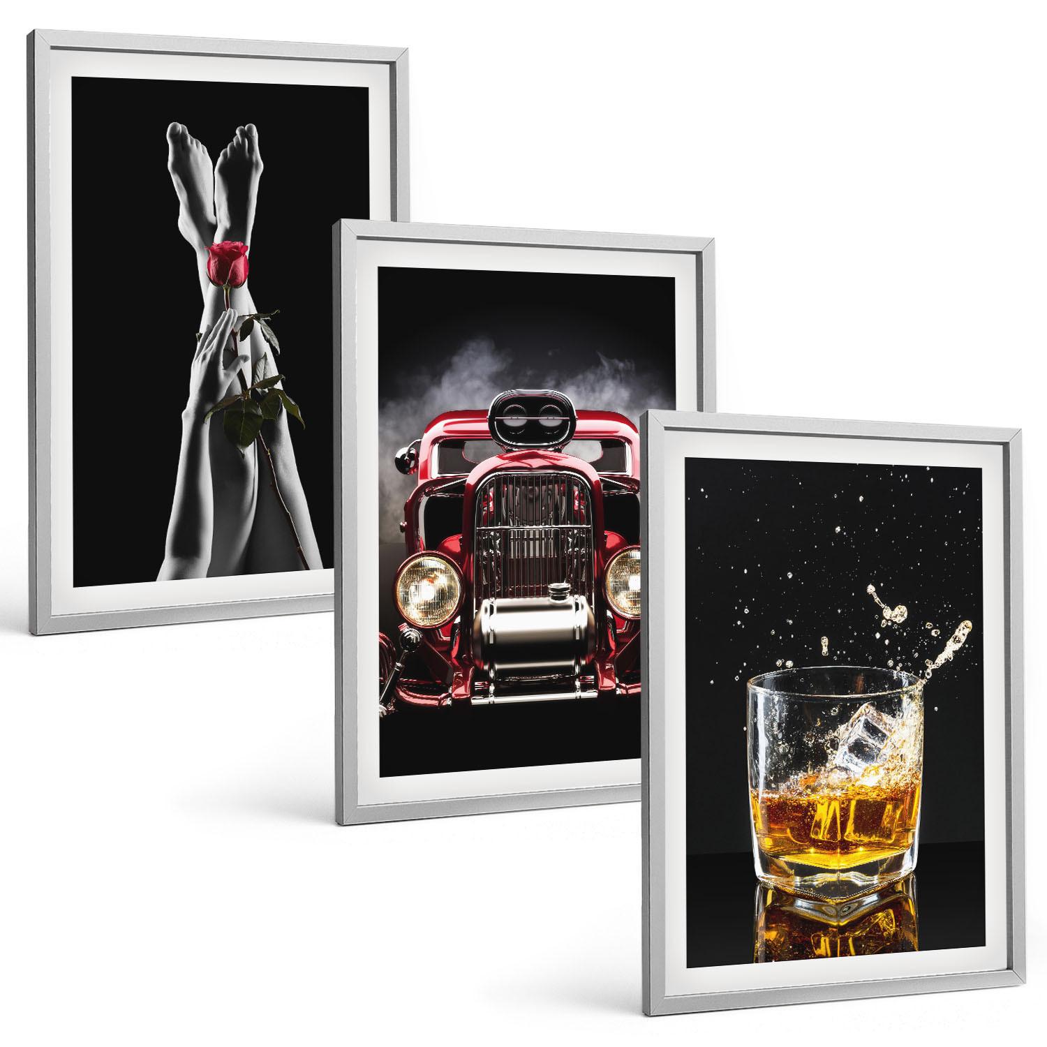 BILDER SET 3er Set - 40x60 cm Silberner Rahmen - Frauenbeine Rosenauto Whisky - Silberfarben, Kunststoff (40/60cm) - TULUP