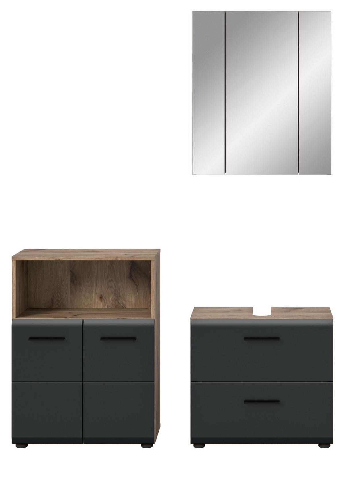 BADMÖBEL-SET 3-teilig schwarz matt, Eiche Nox, Badkombination mit Kommode, 135 x 185 cm - Eichefarben/Schwarz, Glas/Holzwerkstoff (135/185/30cm) - Inn.Furn