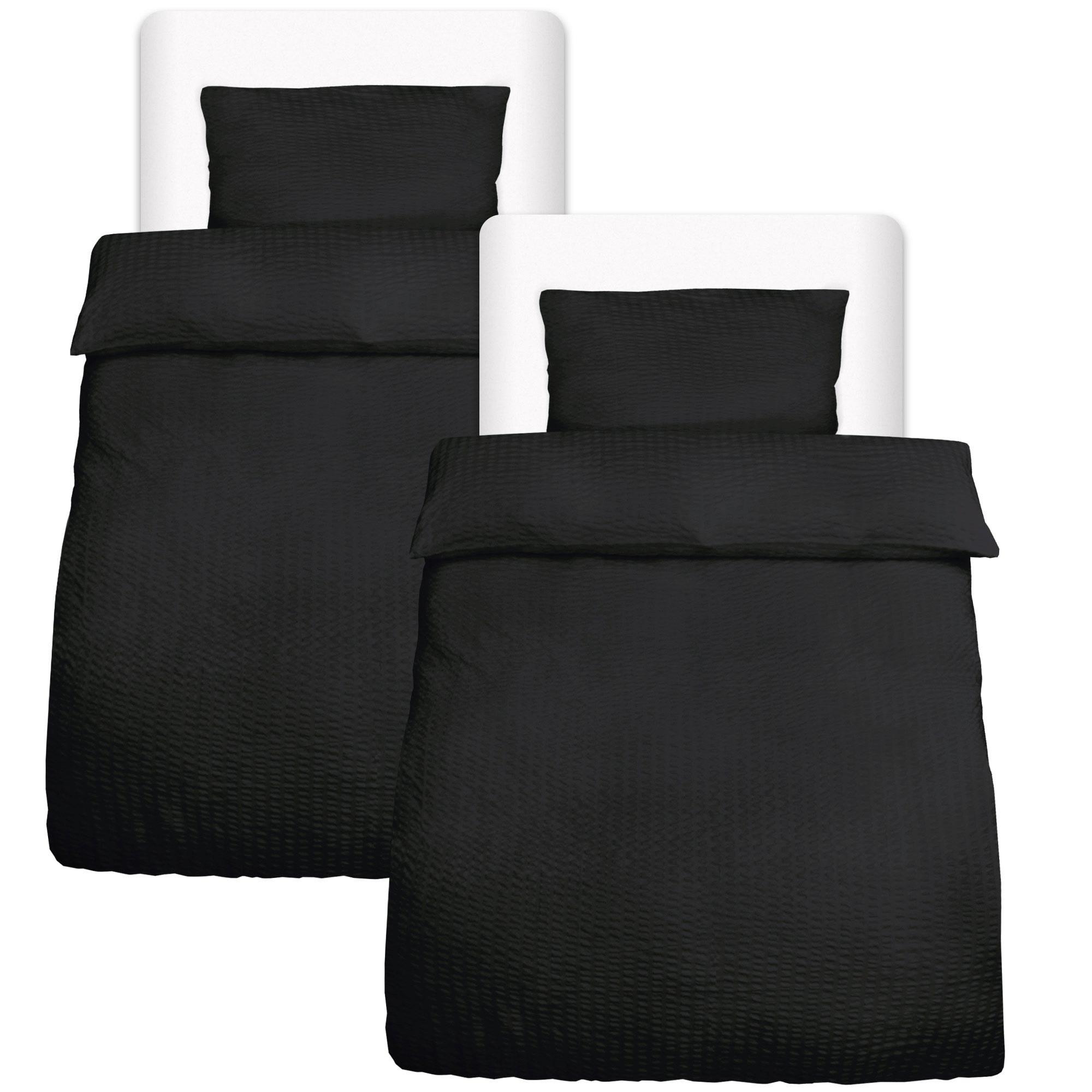 BETTWÄSCHE Meline 135/200 cm + Kissenbezug 40/80 cm Schwarz Seersucker 2er - Schwarz, Textil (40/80cm) - Beautissu 