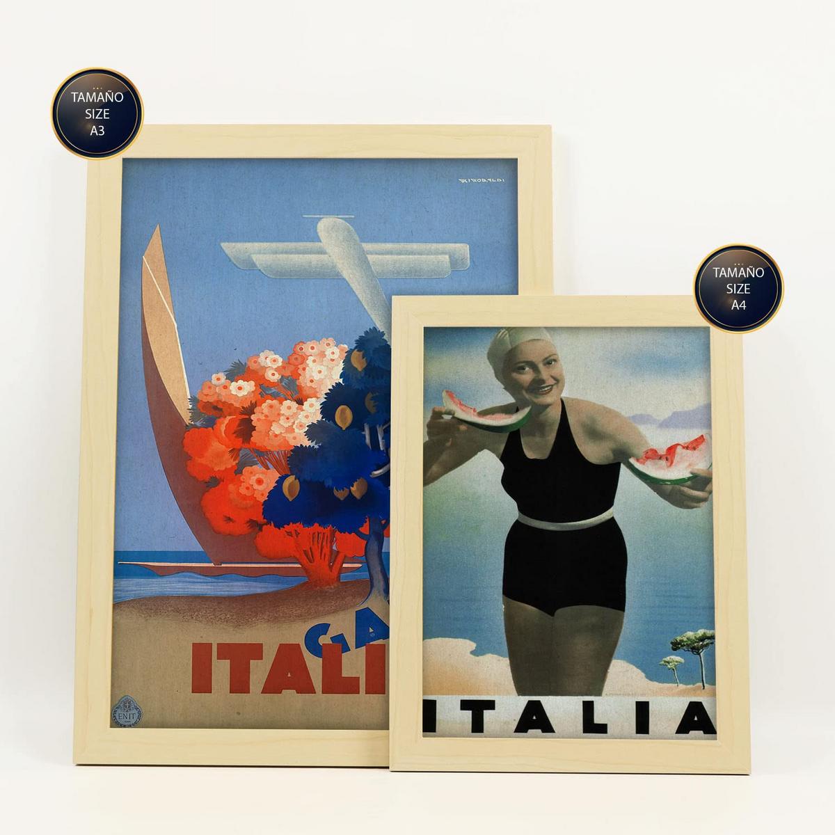 POSTER Set Mit 6 Mittelmeerländer Vollfarbige Illustrationen Von Vintage Tourismus Werbetafeln Aus Der Ganzen Welt A3 & A4 Rahmen Aus Hellem Holz - Beige, Papier (29/3cm) - Nacnic