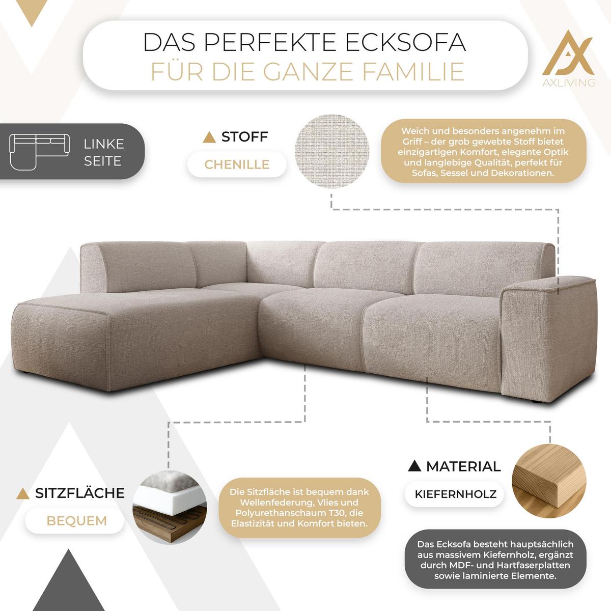 ECKSOFA L Form Didim Creme 292/220/78 cm – großes Sofa stilvoll & bequem L - Creme/Schwarz, Kunststoff/Textil (220/292cm) - AX Living