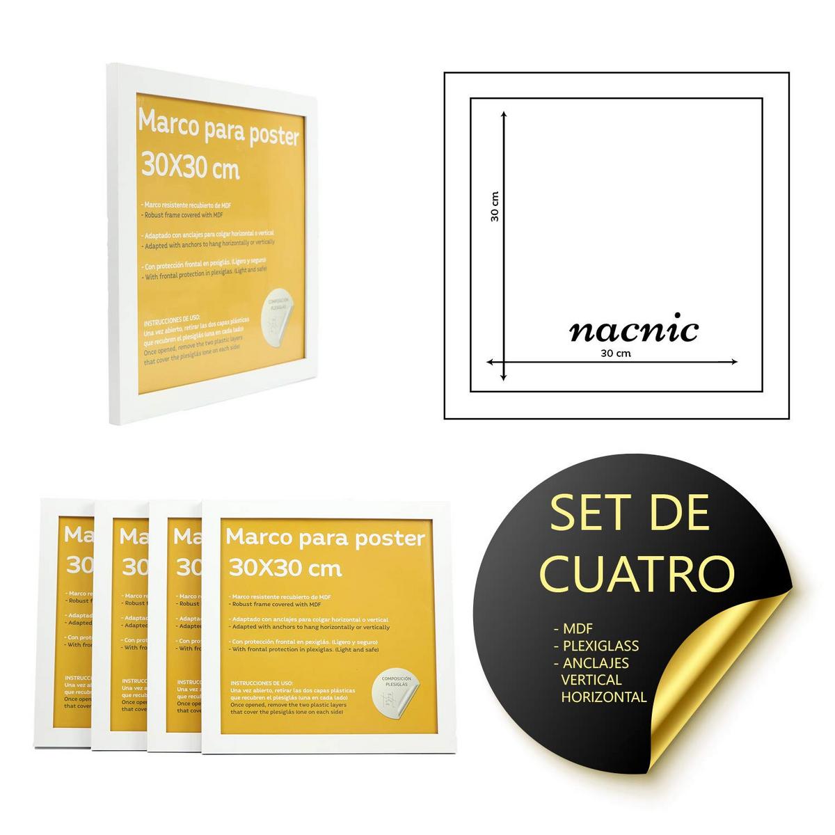 RAHMEN Set mit 4 aus MDF und Acrylglas Schutz und Aussteller für Fotografien, Bilder, Poster, Gemälde, Dekoration für Haus Farbe Weiß 30x30 cm - Weiß, Holz (30/3cm) - Nacnic