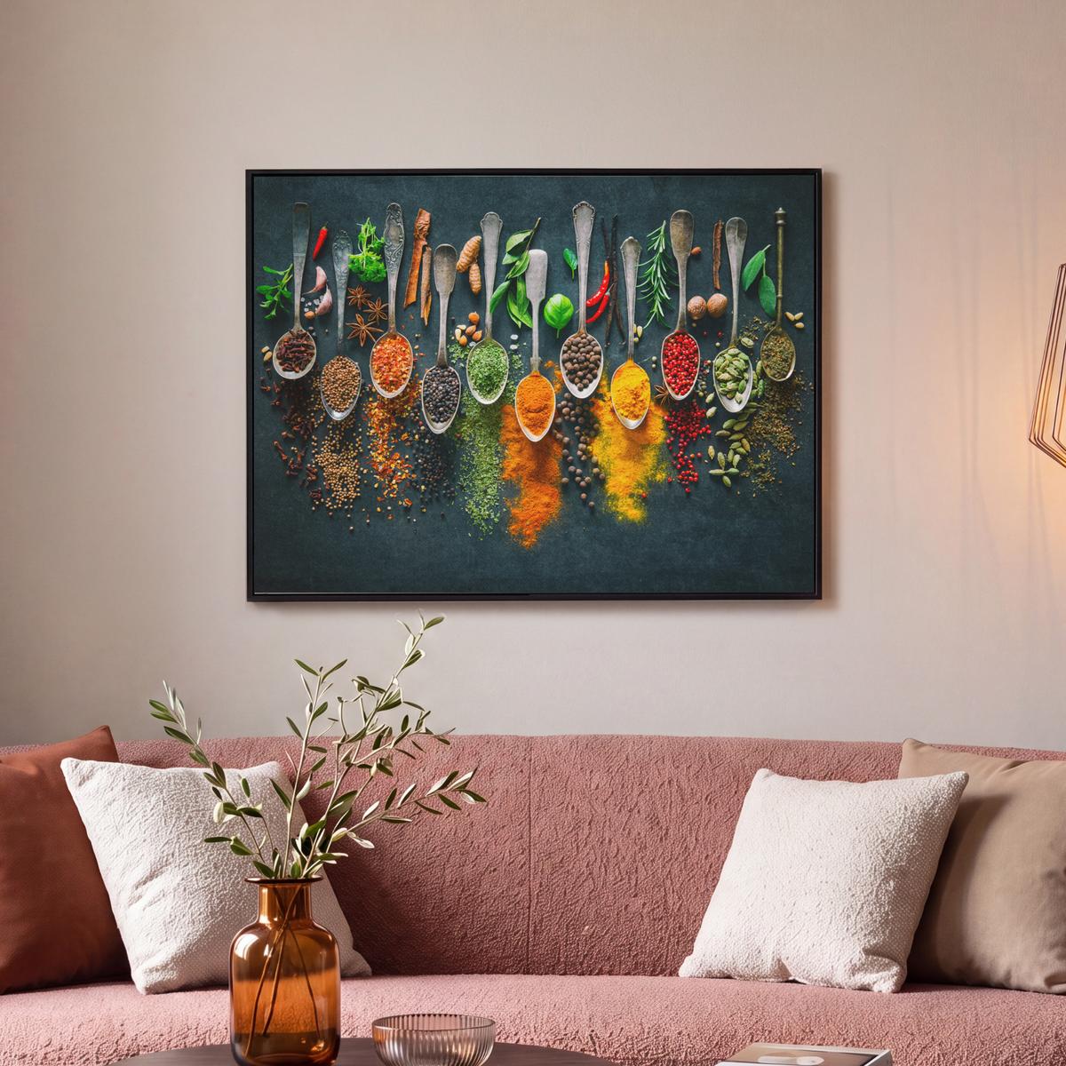 LEINWAND Bilder mit Rahmen - Kräuter - Gewürze - Löffel - 70x50 - Currygelb, Textil (70/50cm) - MuchoWow