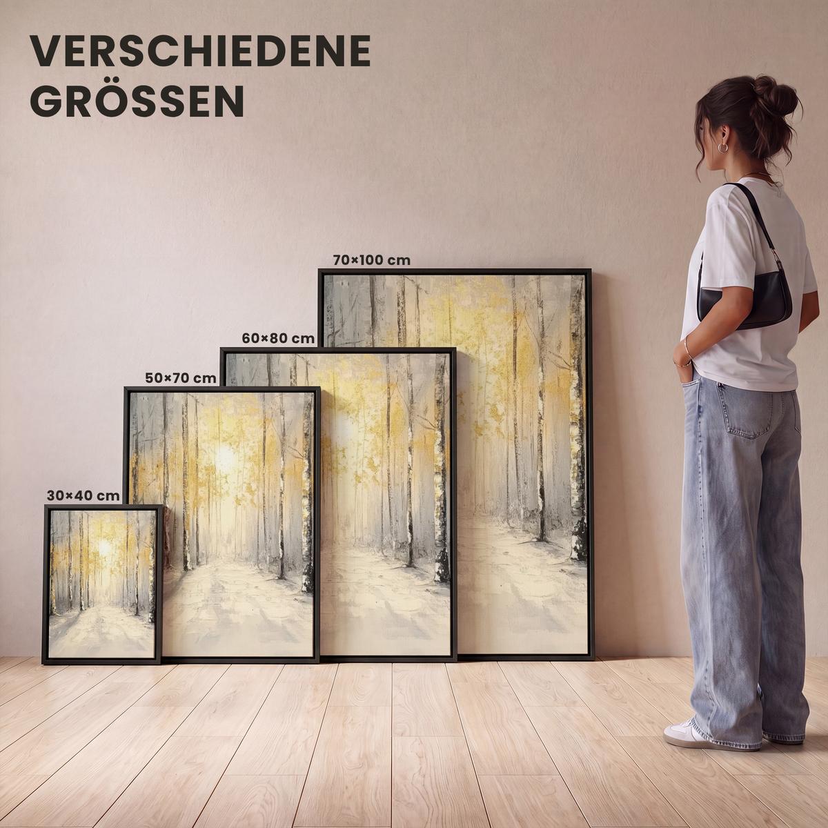 LEINWAND Bilder mit Rahmen - Winter - Abstrakt - Schnee - Natur - Sonne - 50x70 - Grau, Textil (50/70cm) - MuchoWow