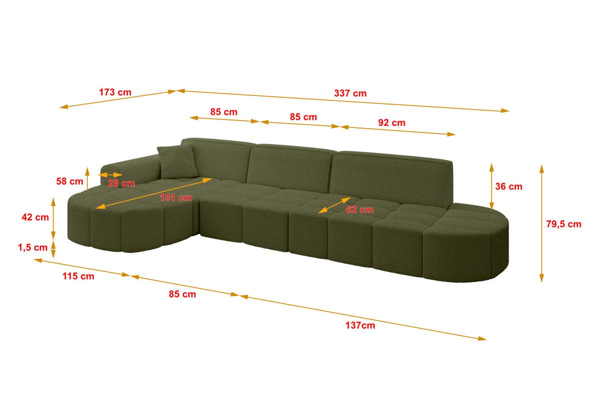 ECKSOFA Ottomane Links LIVO-L2 - 337x173x79,5 cm Grün - Grün, Holzwerkstoff/Textil (337/173cm) - ALTDECOR