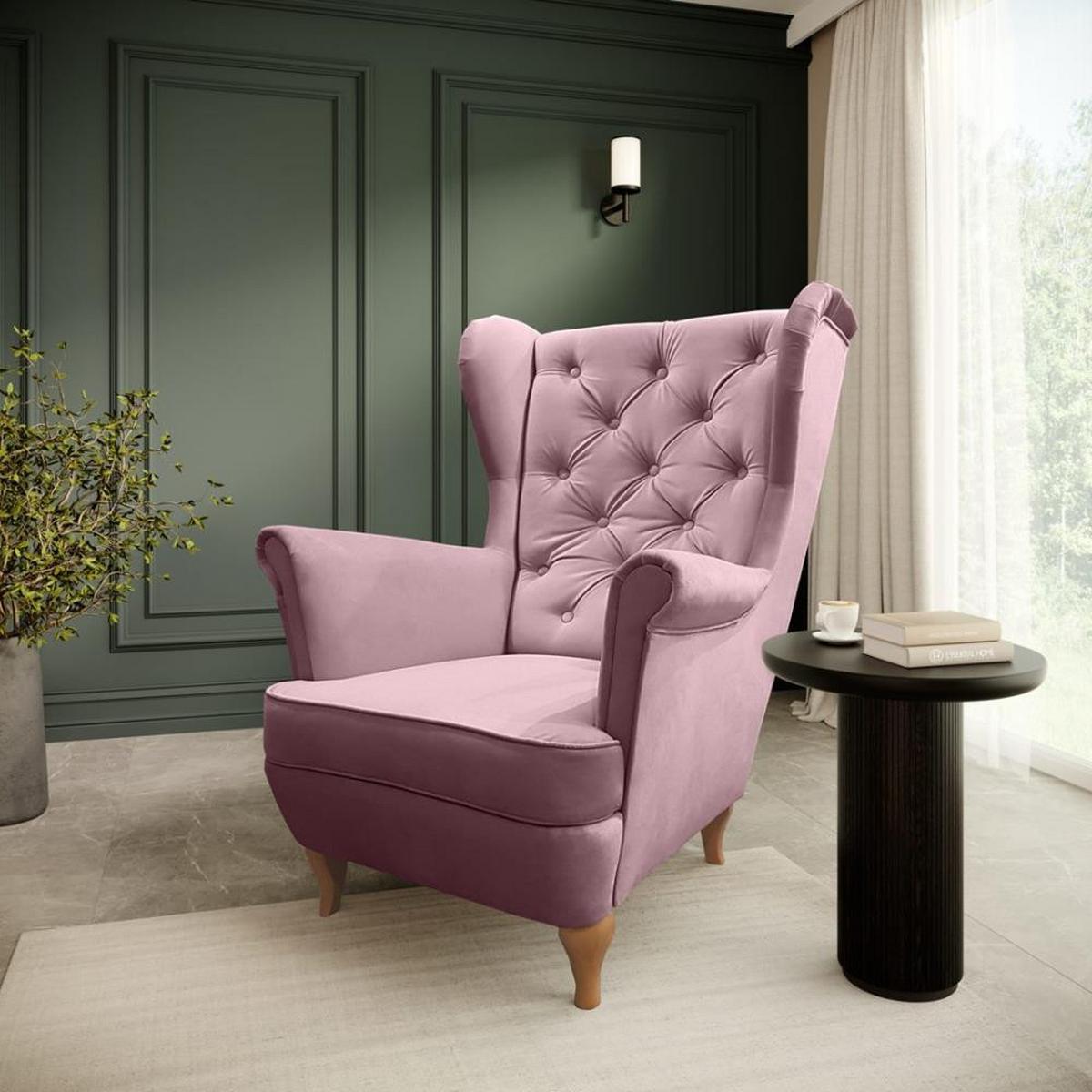 CHESTERFIELD-SESSEL Falco rosa mit Holzbeinen - Buchefarben/Rosa, Holz/Textil (82/102/92cm) - Beautysofa