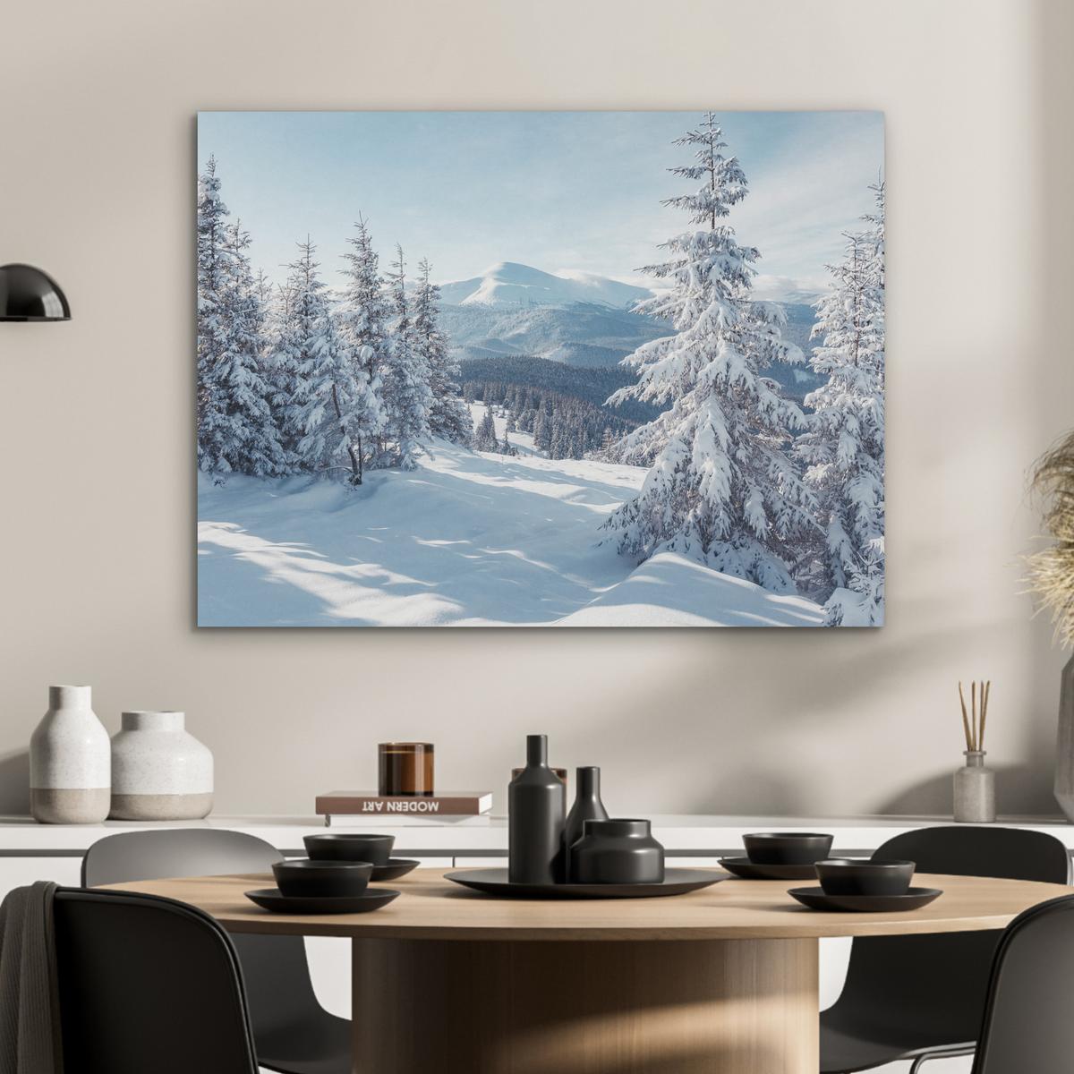 AKUSTIKBILD Winterlandschaft - Natur - Berge - Bäume - Schnee Gemälde 80x60 cm - Hellblau, Kunststoff (80/60/0.9cm) - MuchoWow