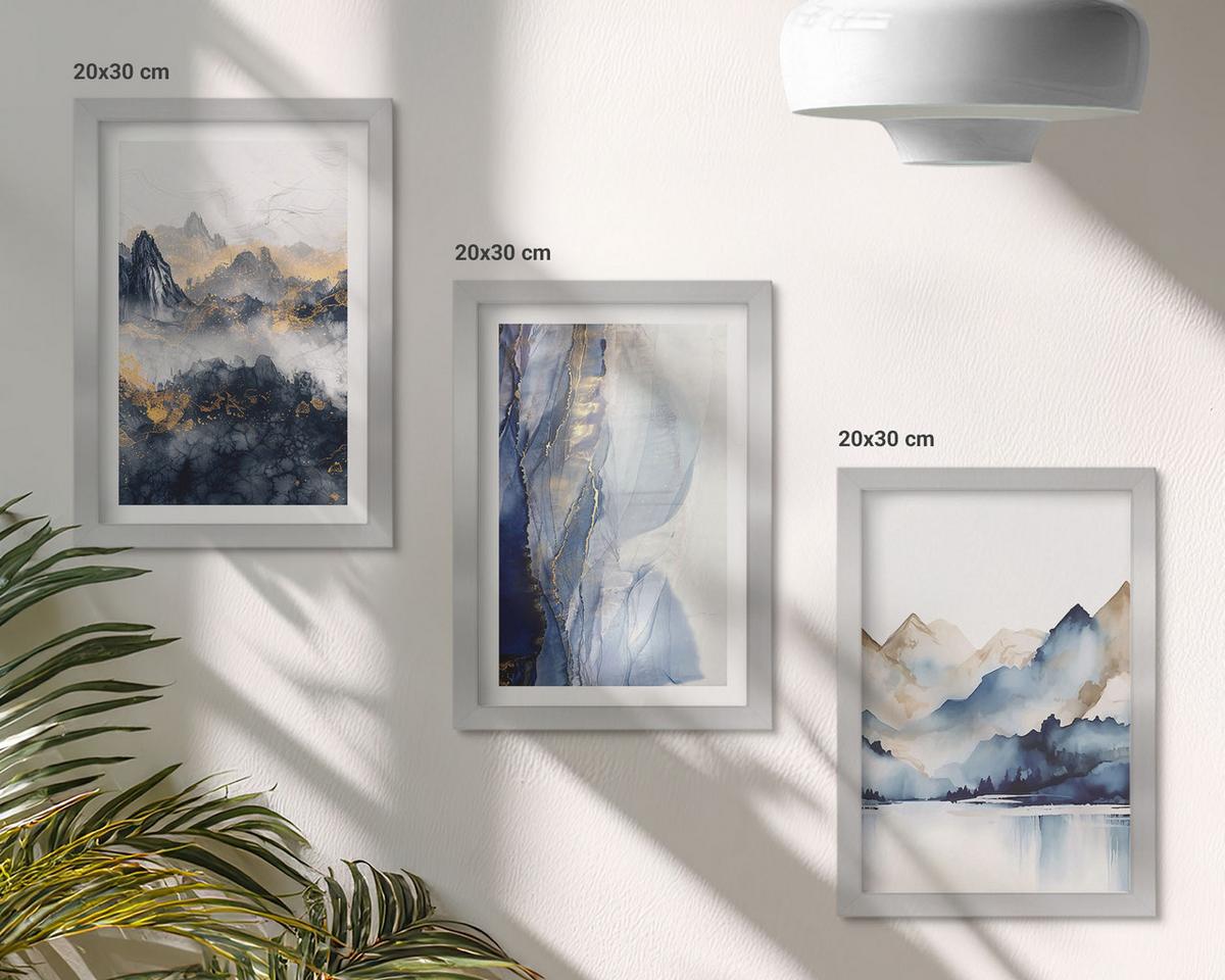 BILDER SET 3er Set - 20x30 cm Silberner Rahmen - Blaue und graue Berglandschaften - Silberfarben, Kunststoff (20/30cm) - TULUP