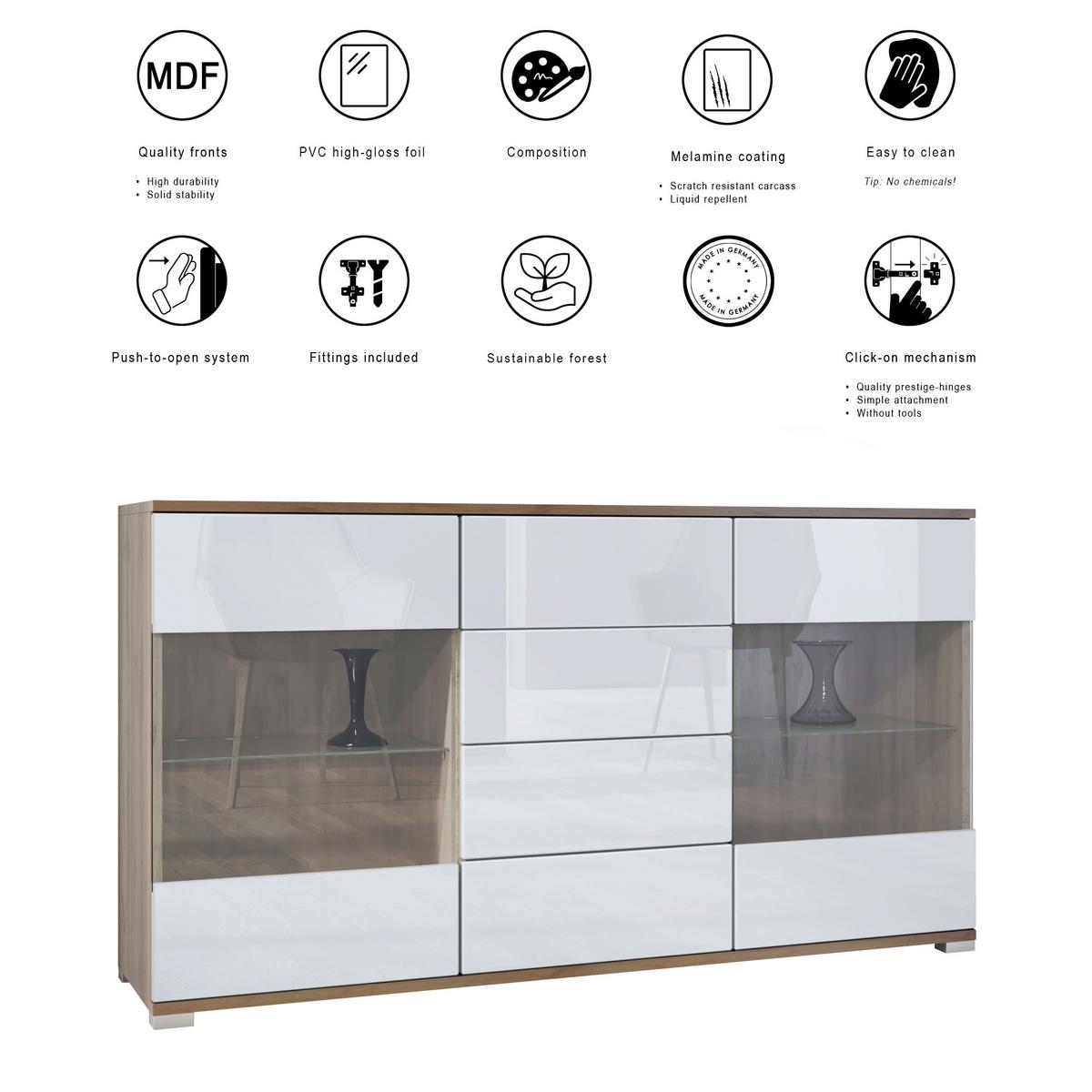 SIDEBOARD Bari Weiß Hochglanz - Weiß Hochglanz, Holzwerkstoff (138.5/75.5/35cm) - Vladon