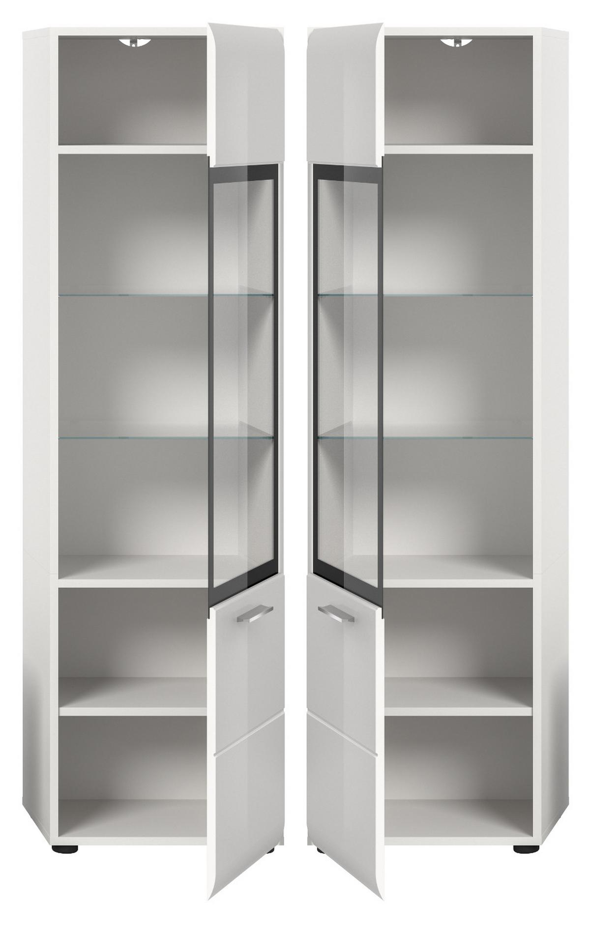VITRINE weiß Hochglanz 45 x 160 cm, Vitrinenschrank mit 6 Fächern - Weiß Hochglanz/Silberfarben, Glas/Holzwerkstoff (45/160/34cm) - Inn.Furn