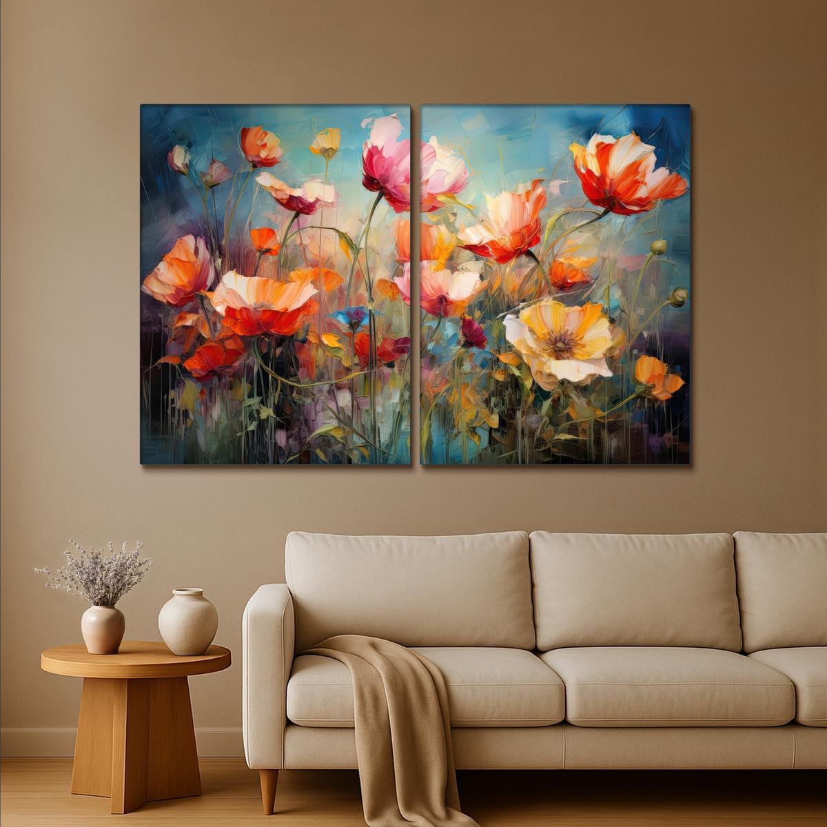 LEINWANDBILD 2er Set Blumen - Bunt - Abstrakt 180x120 cm - Blaugrau, Textil (180/120cm) - MuchoWow
