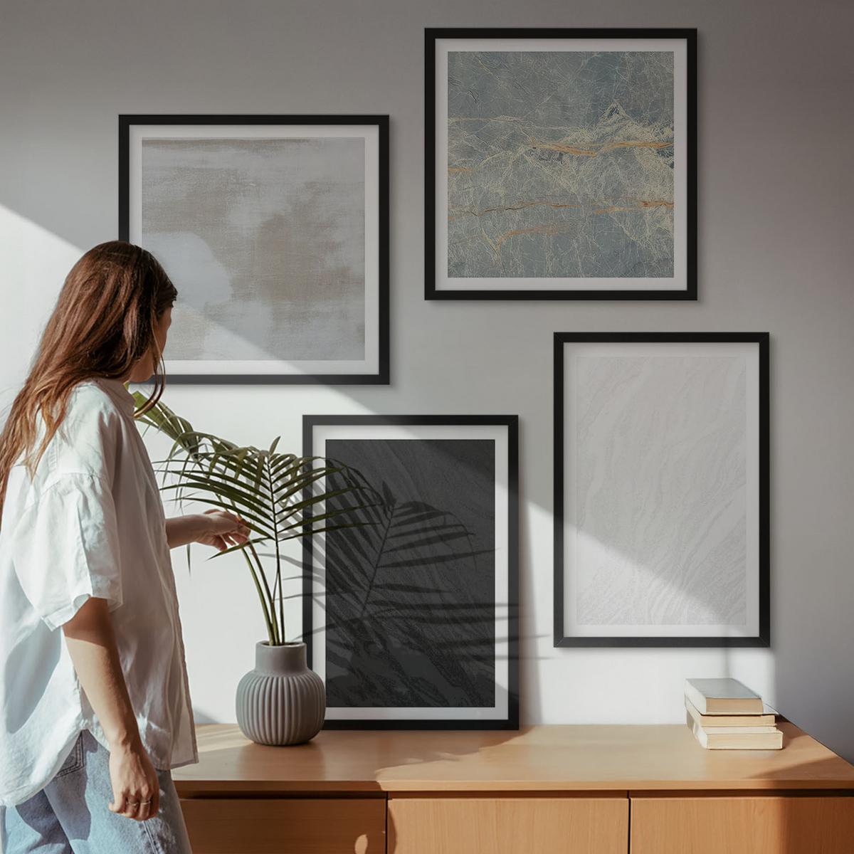 BILDER SET 4er Set - 50x50 cm & 40x60 cm Schwarzer Rahmen - Steintexturen - Schwarz, Kunststoff (50/50cm) - TULUP