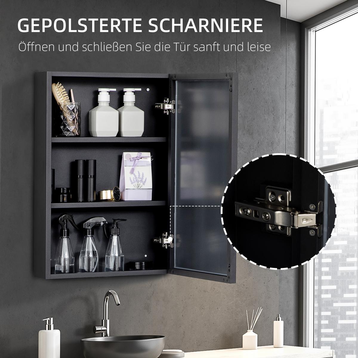 SPIEGELSCHRANK mit 3 Etagen, für Schlafzimmer, Schwarz, 40 x 12 x 60 cm - Schwarz, Glas (40/60/12cm) - Kleankin