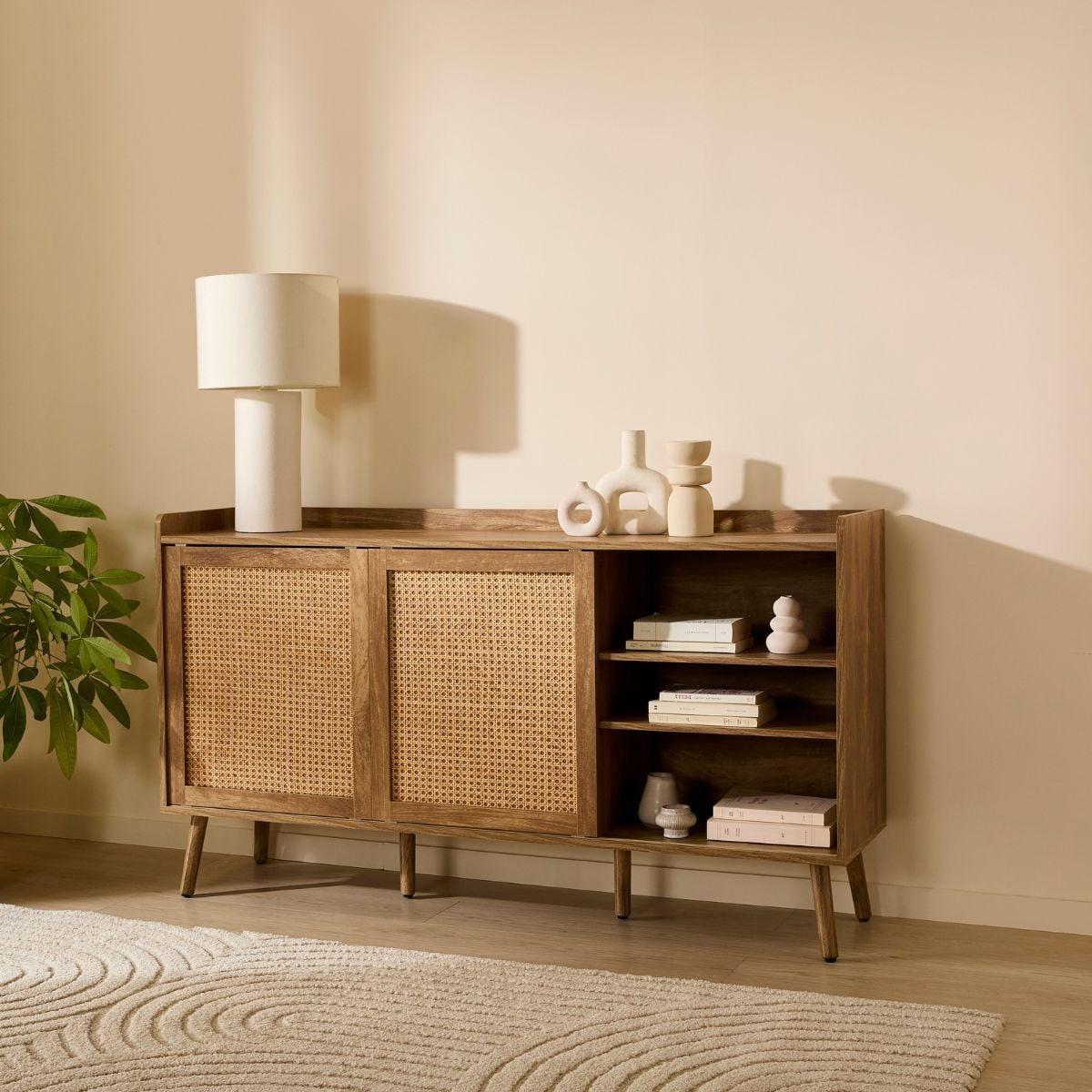 SIDEBOARD mit 2 Türen und 2 Schubladen mit Rattanfronten 39/140/80 cm - Eschefarben, Holzwerkstoff (39/80/47cm) - Calicosy