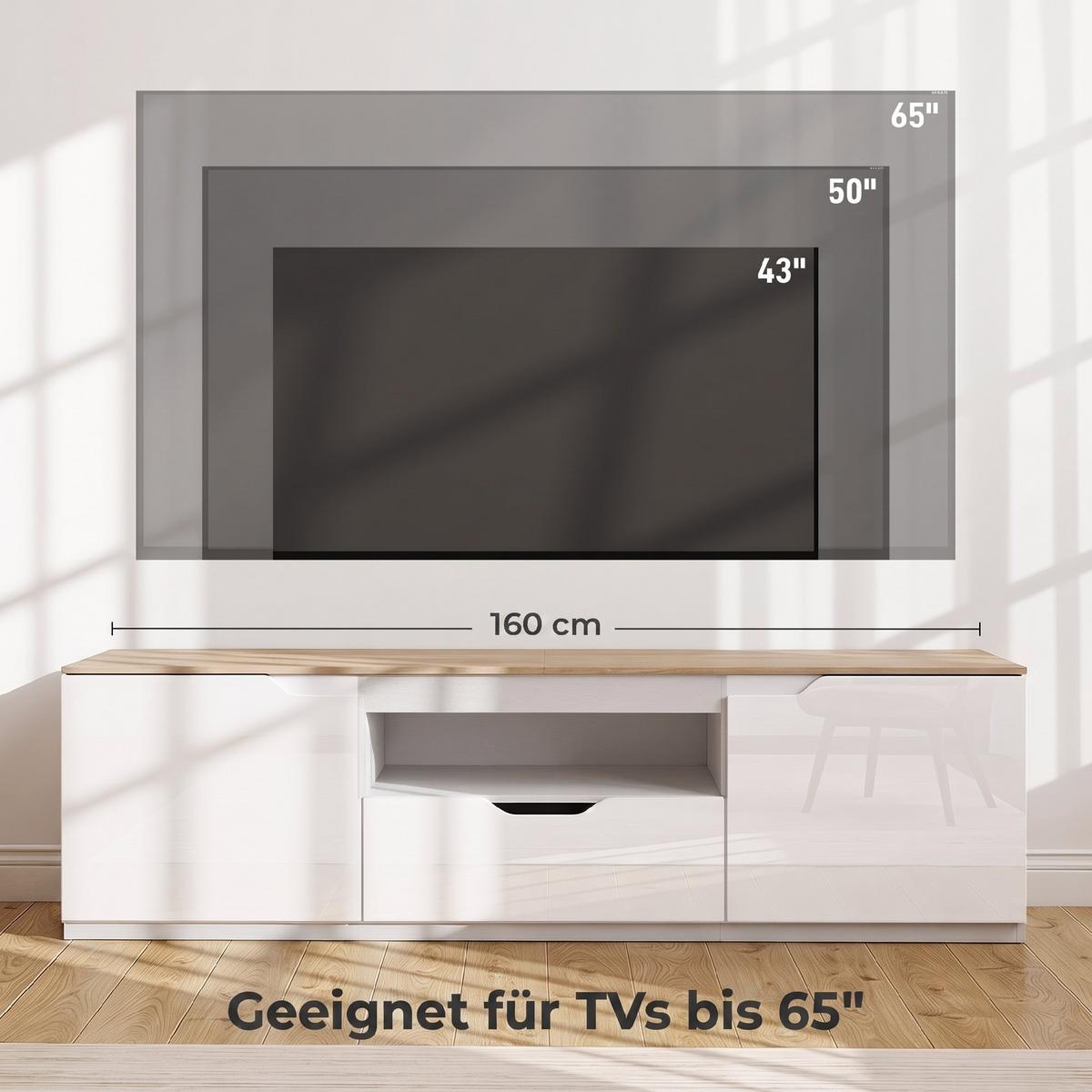 HOCHGLANZ TV-Lowboard für Fernseher bis 65 Zoll, 3 Fächer, Schublade, Naturholz - Naturfarben, Holzwerkstoff (38/43/160cm) - HOMCOM