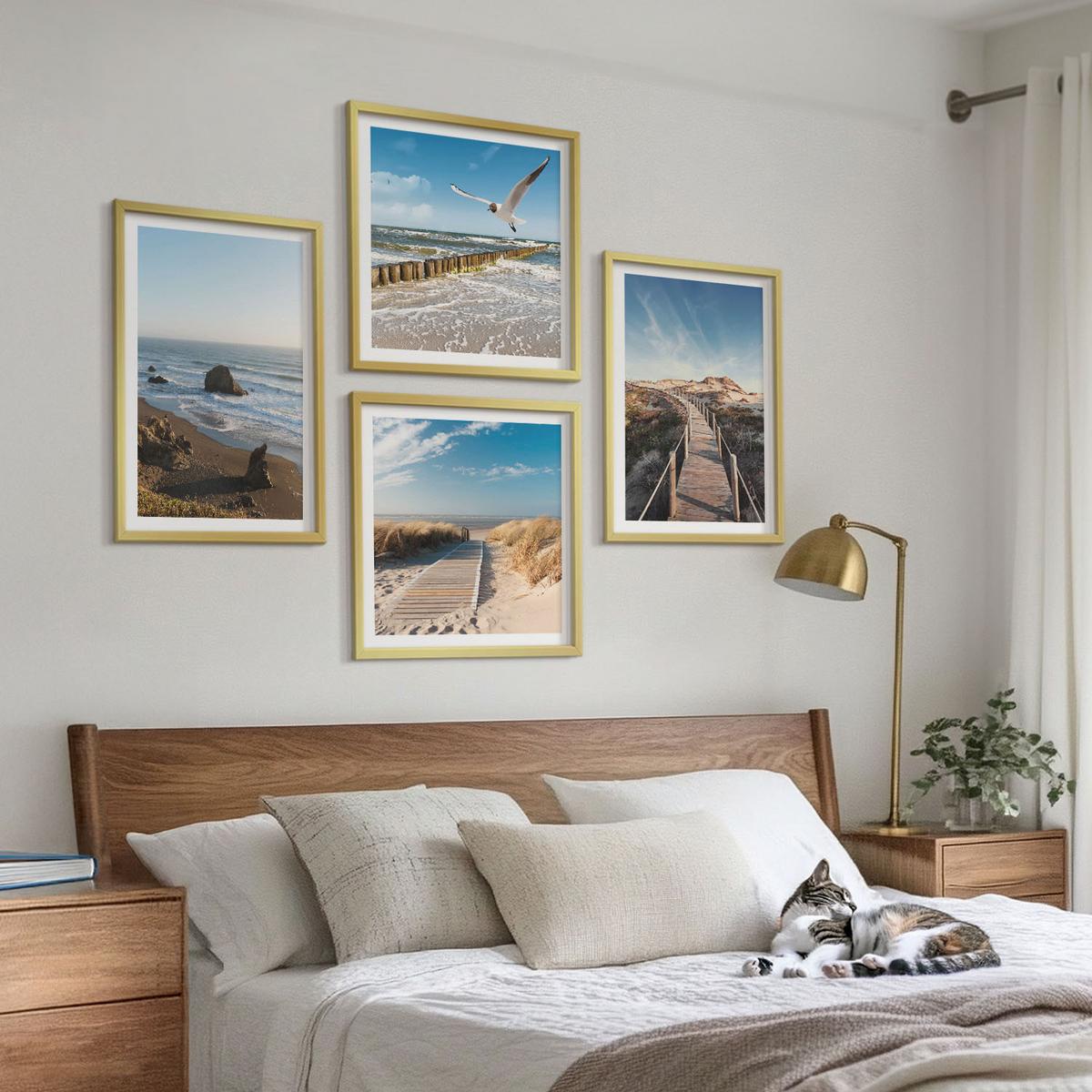 BILDER SET 4er Set - 50x50 cm & 40x60 cm Goldrahmen - Strandwellen, Himmelsbrücke, Spaziergang - Goldfarben, Kunststoff (50/50cm) - TULUP
