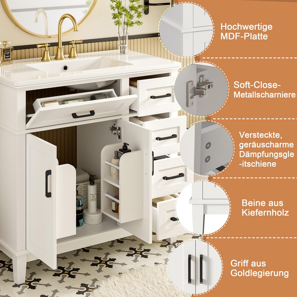 WASCHTISCH Weiß mit schwarzen Griffen, 5 Schubladen & Türregal - Weiß, Holzwerkstoff (90/87/46cm) - Urban Meuble