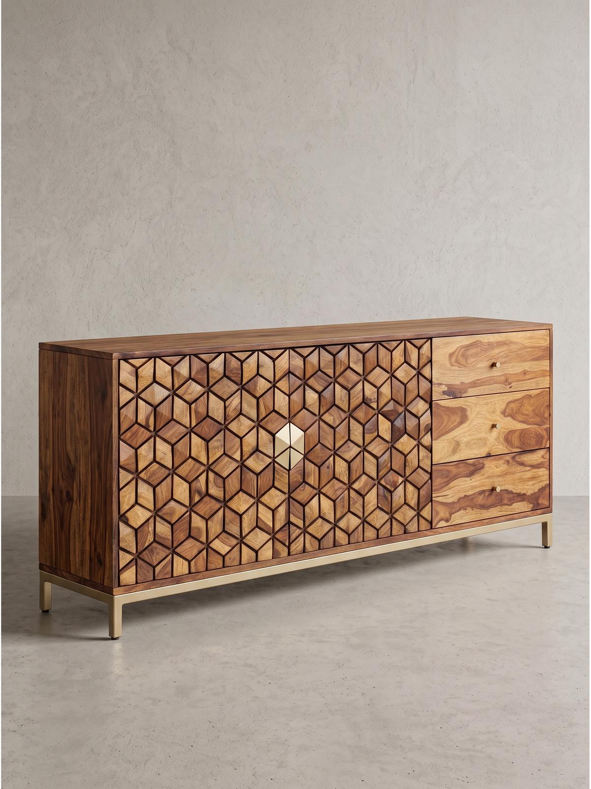 KOMMODE TREVI, Dunkles Massivholz, mit Stauraum, 180 x 40 x 70 cm - Goldfarben/Braun, Holz/Metall (180/70/40cm) - KADIMA DESIGN