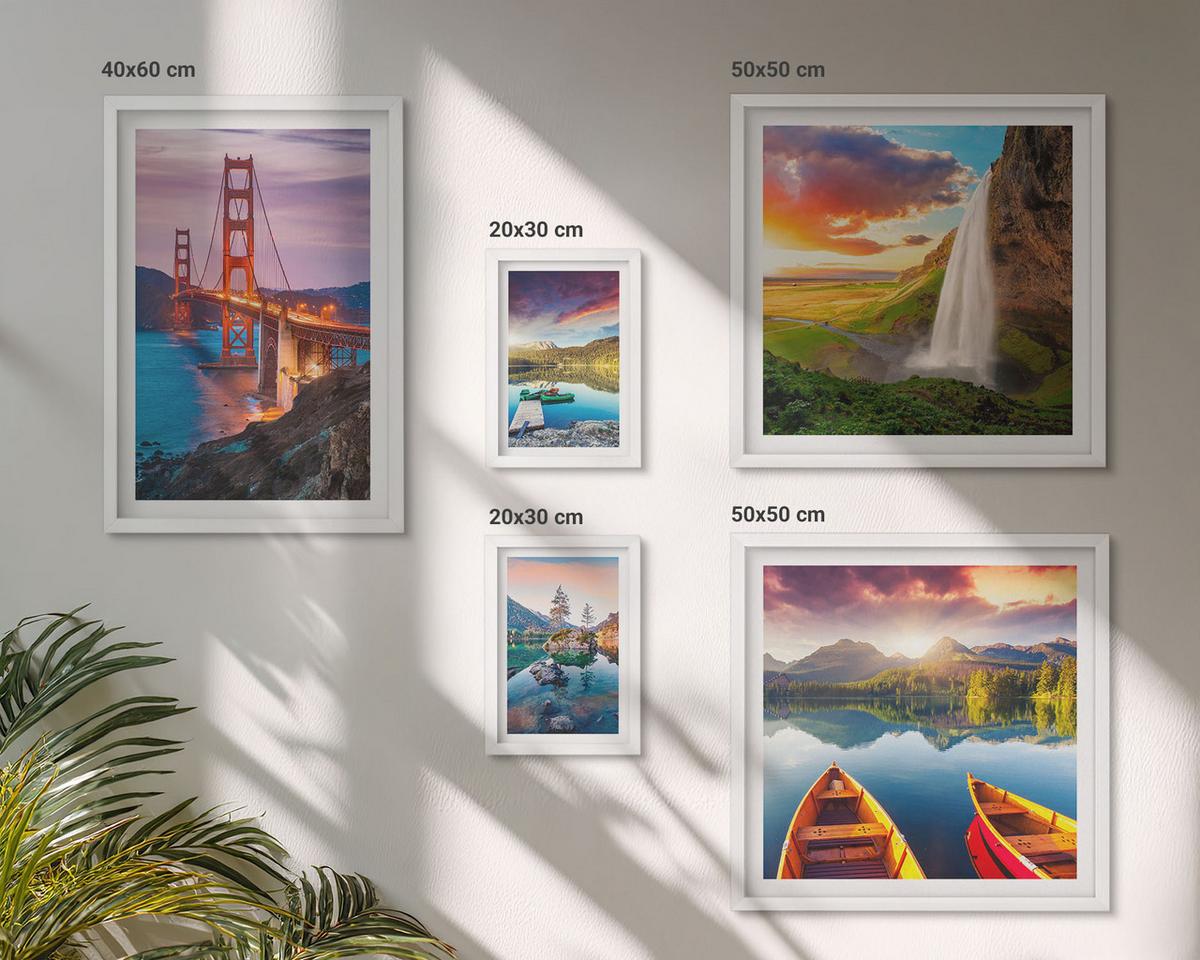 BILDER SET 5er Set - 50x50 cm & 20x30 cm & 40x60 cm Weißer Rahmen - Bergseen, Boote, Brücken - Weiß, Kunststoff (40/60cm) - TULUP
